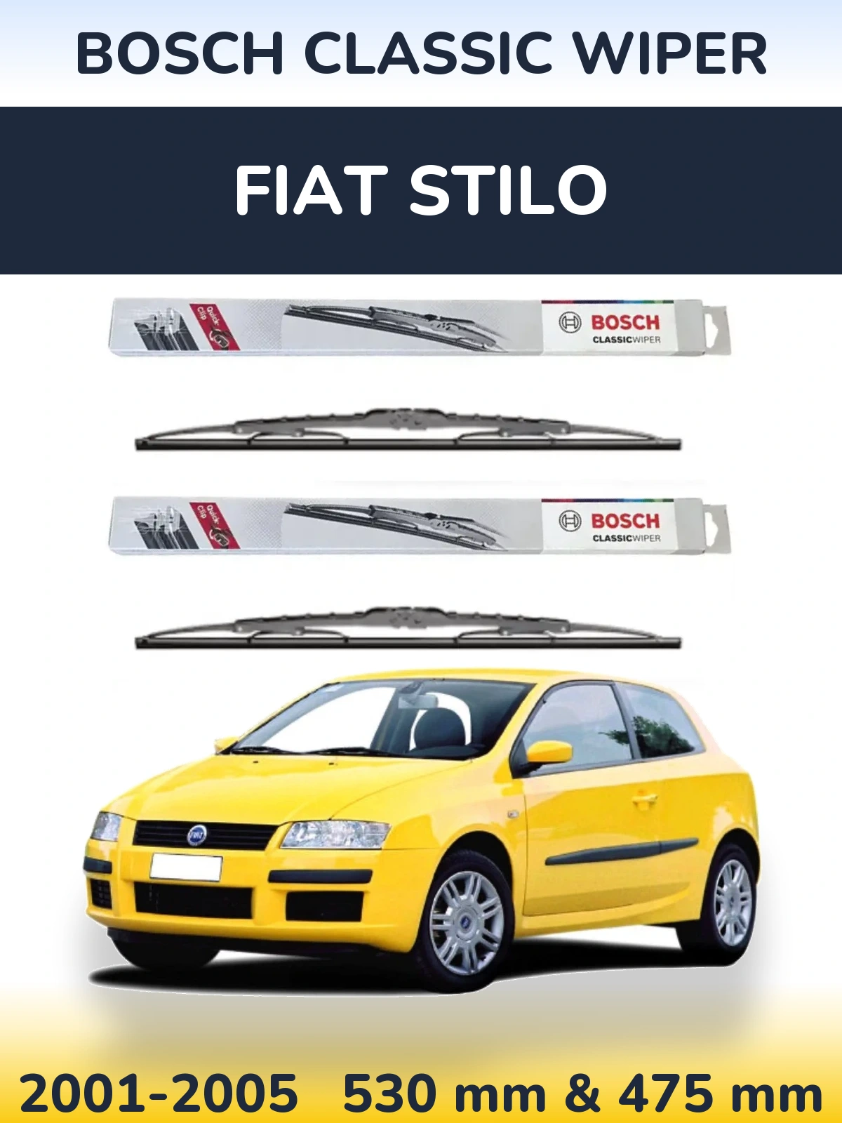 Front wiper blade set BOSCH Classic Wiper 530 & 475 mm for Fiat Stilo 2001-2005