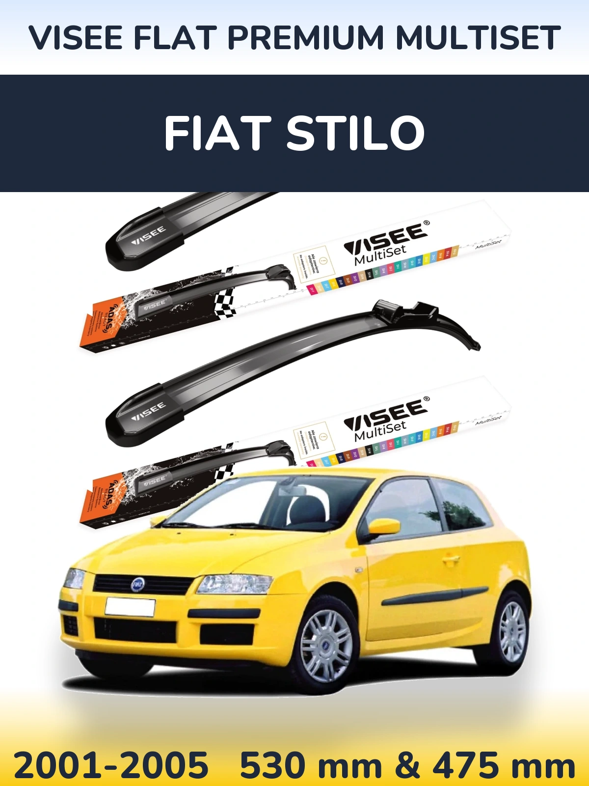 Front wiper blade set VISEE FLAT PREMIUM MultiSet 530 & 475 mm for Fiat Stilo 2001-2005