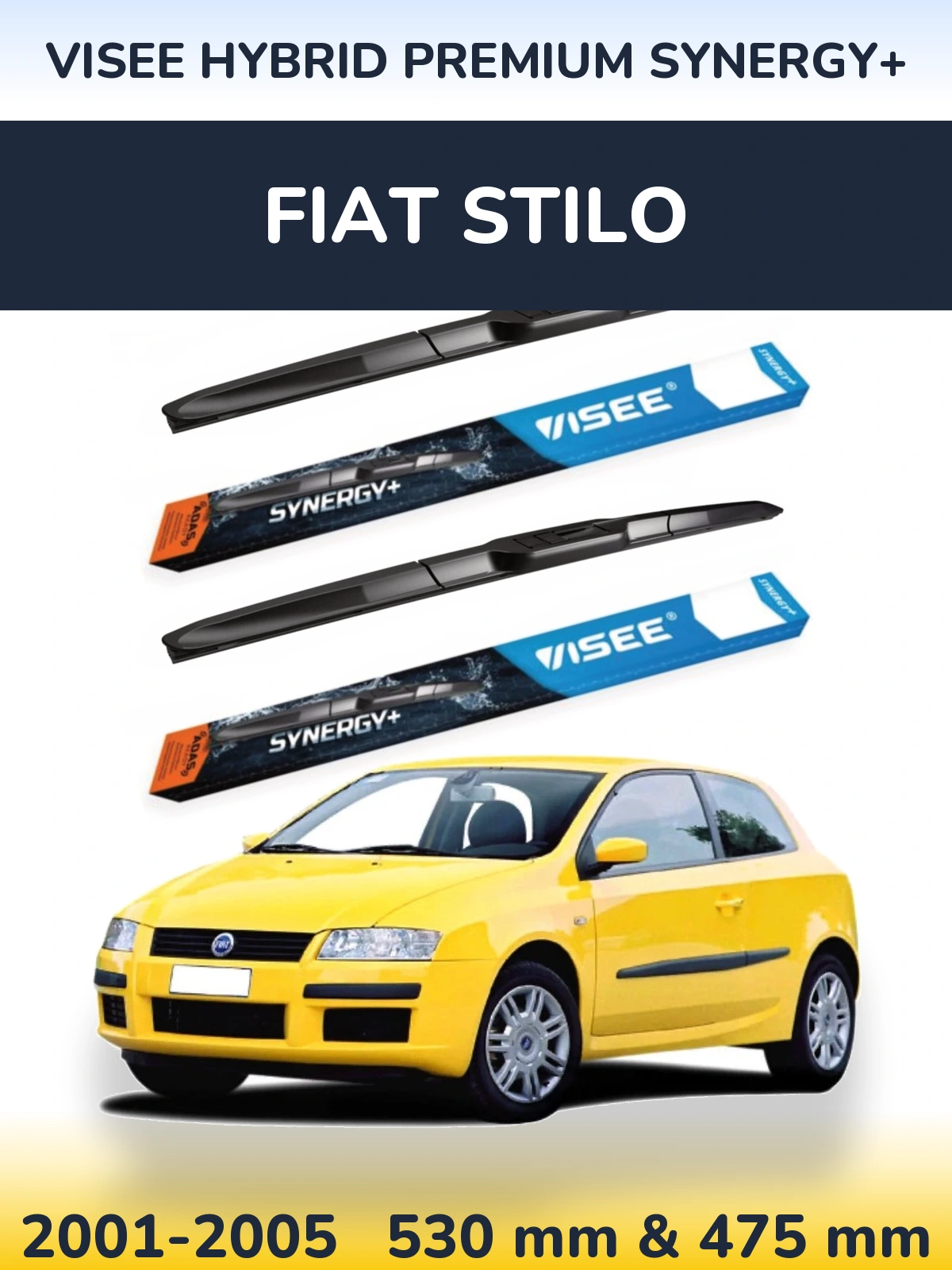 Front wiper blade set VISEE HYBRID PREMIUM SYNERGY+ 530 & 475 mm for Fiat Stilo 2001-2005
