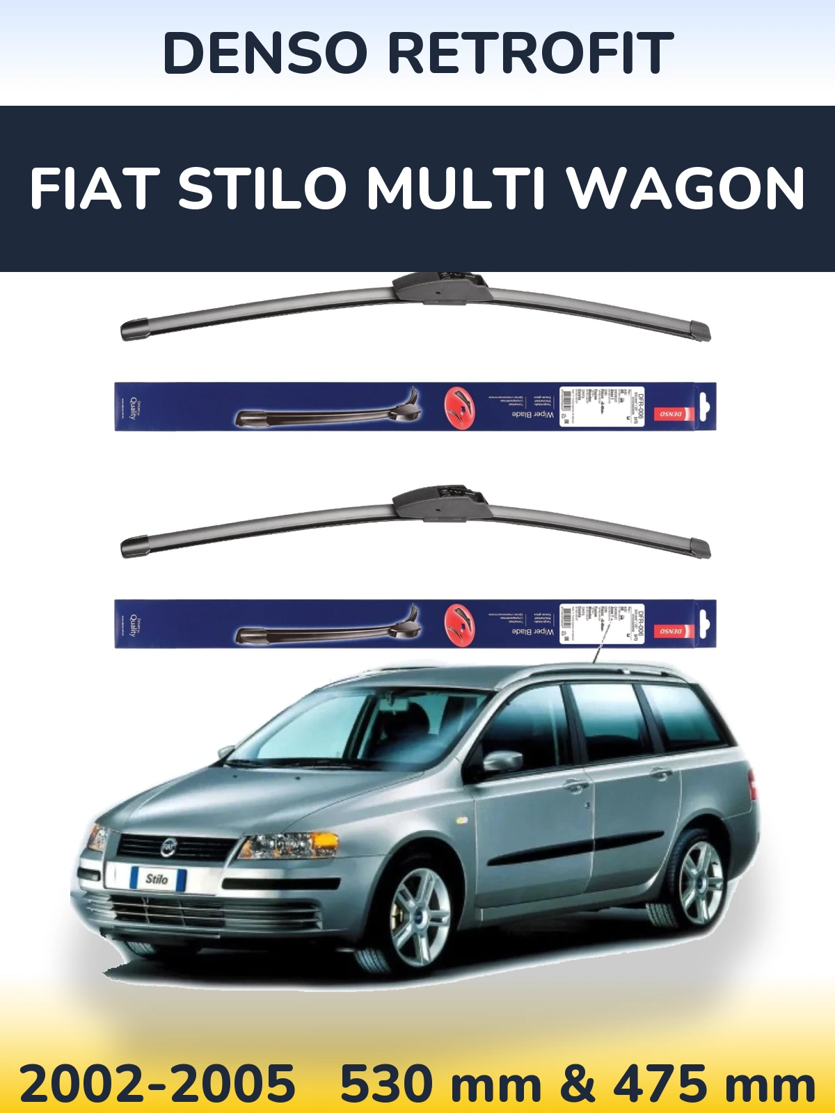 Front wiper blade set Denso Retrofit 530 & 475 mm for Fiat Stilo Multi Wagon 2002-2005