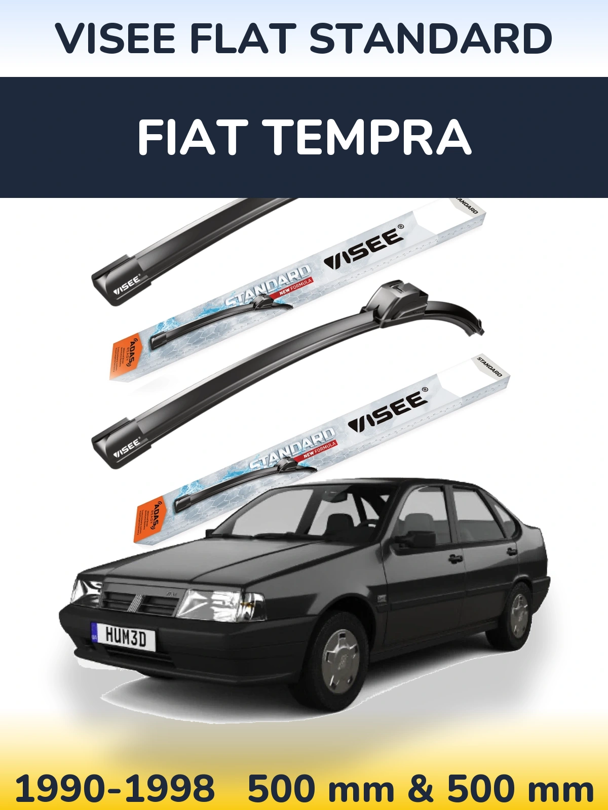 Front wiper blade set VISEE FLAT STANDARD 500 & 500 mm for Fiat Tempra 1990-1998