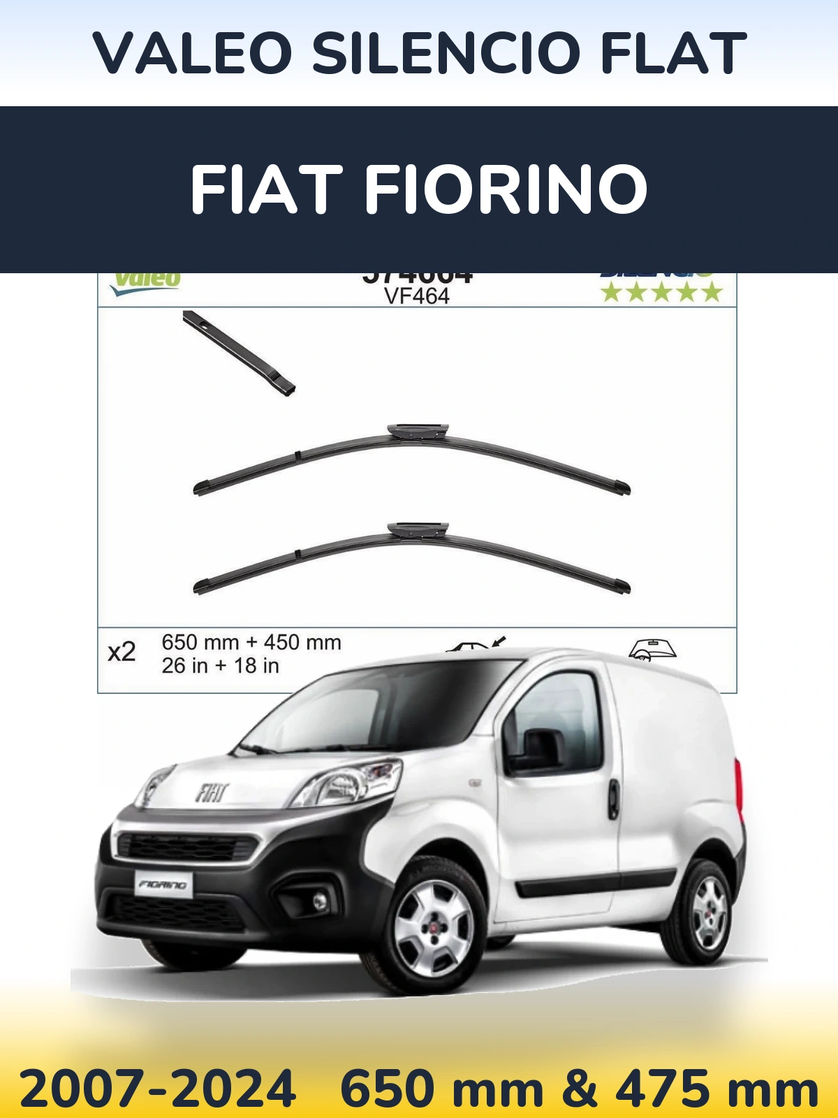 Front wiper blade set Valeo Silencio Flat 650 & 450 mm for Fiat Fiorino 2007-2024