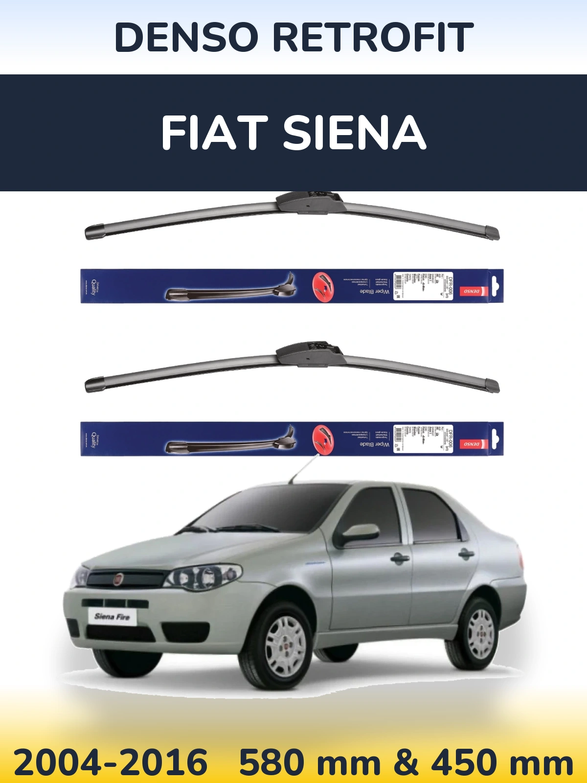 Front wiper blade set Denso Retrofit 580 & 450 mm for Fiat Siena 2004-2016