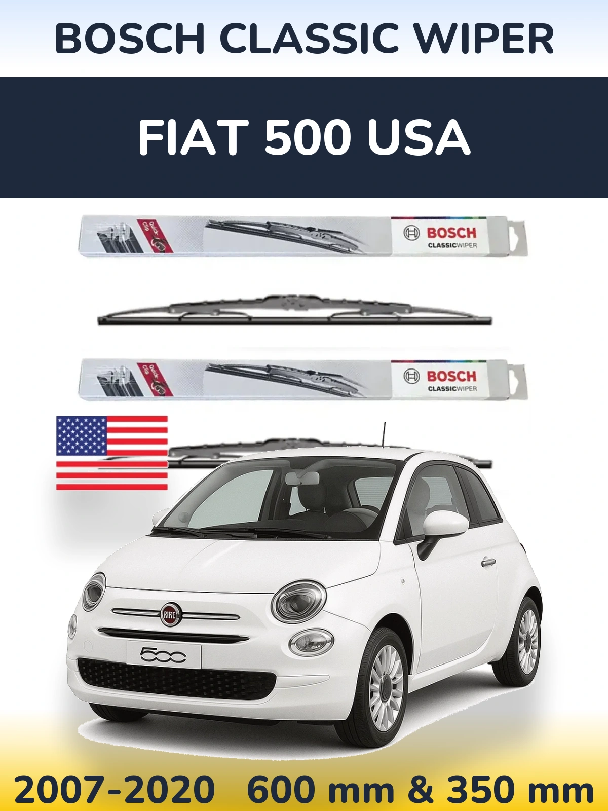 Front wiper blade set BOSCH Classic Wiper 600 & 340 mm for Fiat 500 USA 2007-2020