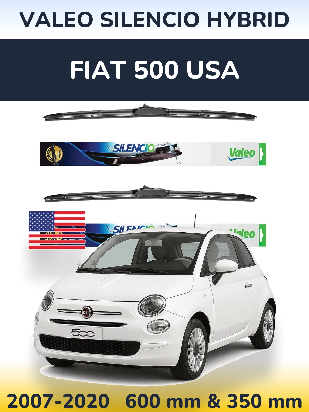 Front wiper blade set Valeo Silencio Hybrid 600 & 350 mm for Fiat 500 USA 2007-2020