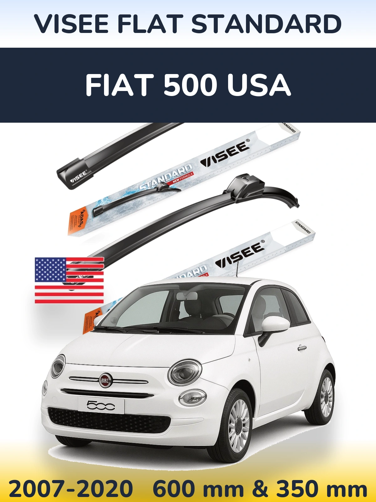 Комплект передних дворников VISEE FLAT STANDARD 600 & 350 мм для Fiat 500 USA 2007-2020
