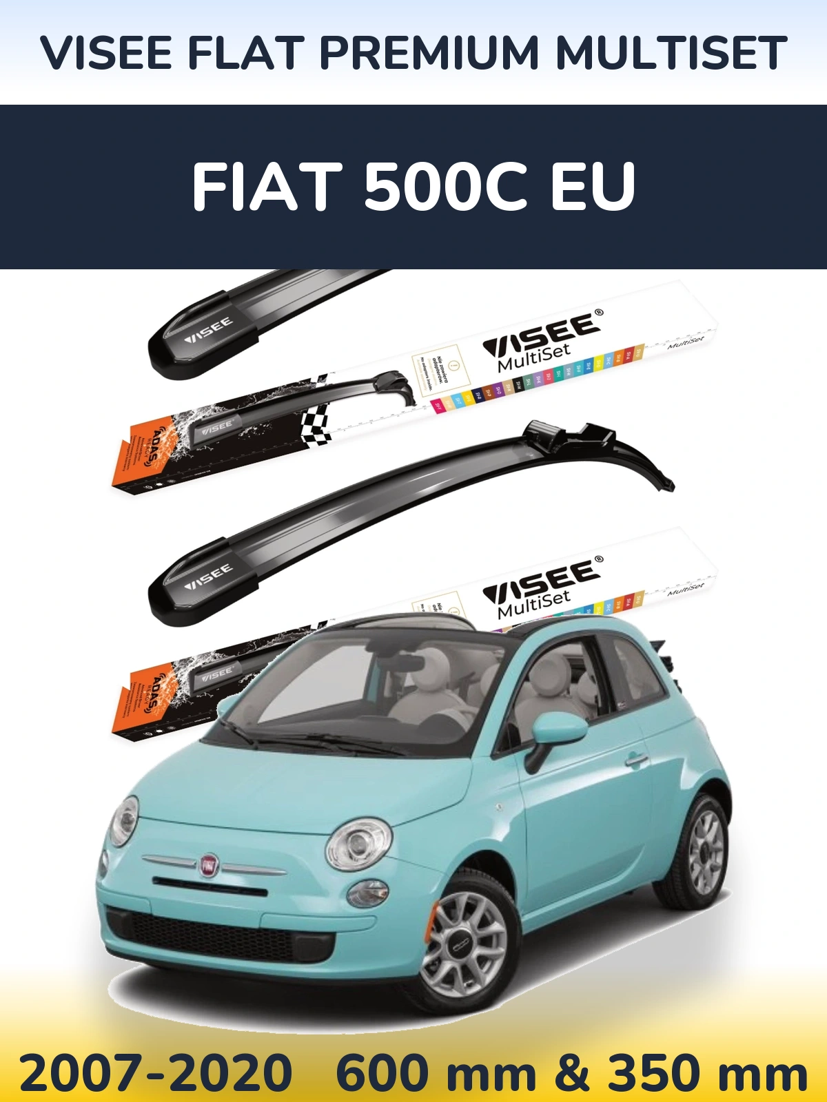 Комплект передніх щіток VISEE FLAT PREMIUM MultiSet 600 & 350 мм для Fiat 500C EU 2007-2020