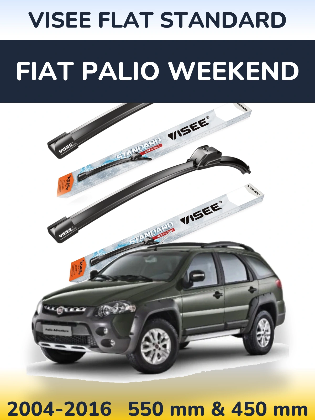 Front wiper blade set VISEE FLAT STANDARD 550 & 450 mm for Fiat Palio Weekend 2004-2016