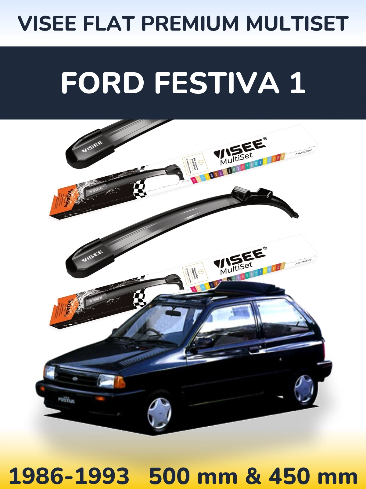 Front wiper blade set VISEE FLAT PREMIUM MultiSet 500 & 450 mm for Ford Festiva 1 1986-1993
