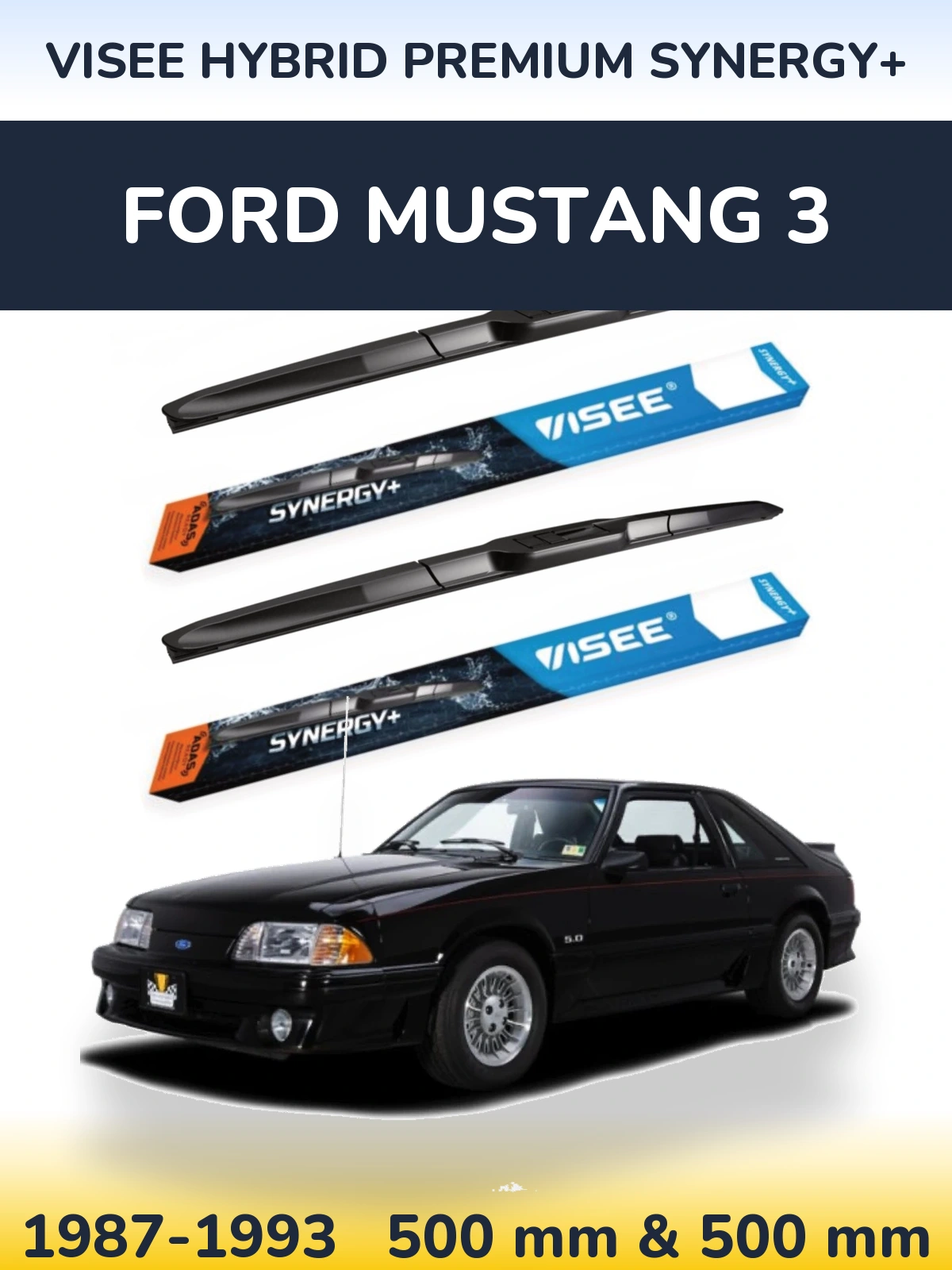 Front wiper blade set VISEE HYBRID PREMIUM SYNERGY+ 500 & 500 mm for Ford Mustang 3 1987-1993