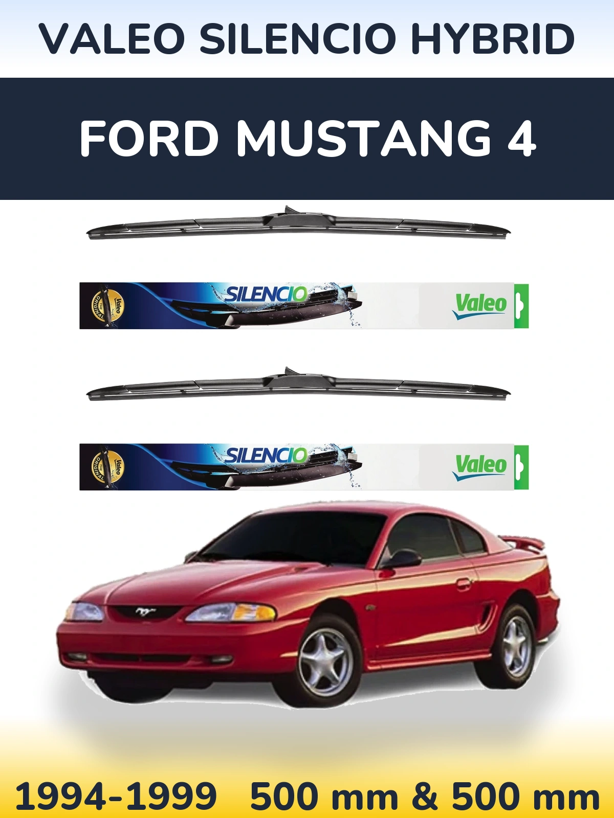 Front wiper blade set Valeo Silencio Hybrid 500 & 500 mm for Ford Mustang 4 1994-1999
