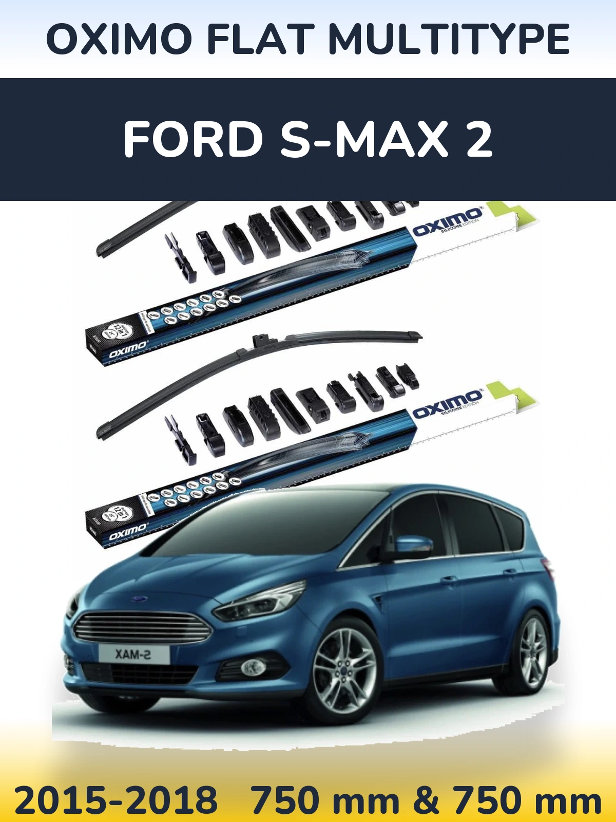 Front wiper blade set Oximo Flat MultiTipse 750 & 750 mm for Ford S-MAX 2 2015-2018