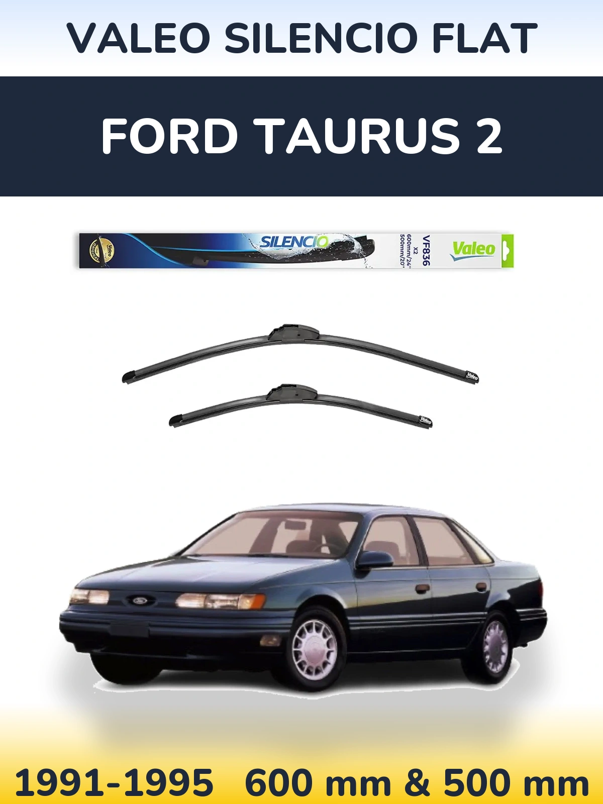 Front wiper blade set Valeo Silencio Flat 600 & 500 mm for Ford Taurus 2 1991-1995