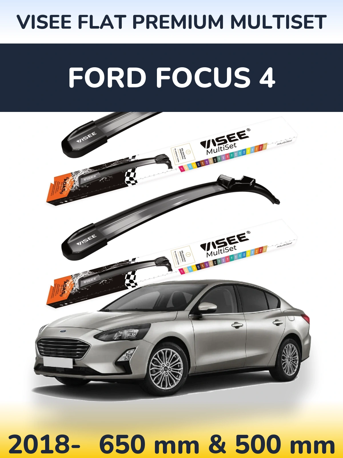 Front wiper blade set VISEE FLAT PREMIUM MultiSet 650 & 500 mm for Ford Focus 4 2018-2026