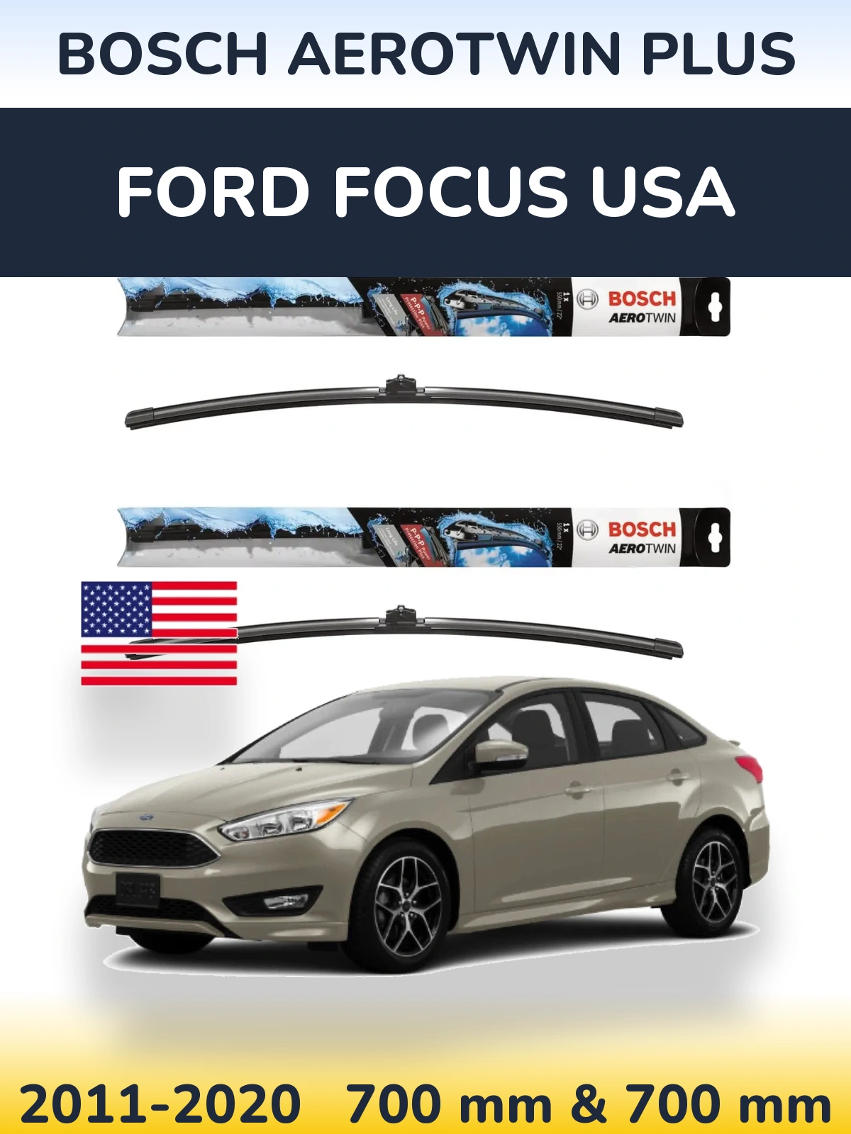 Front wiper blade set BOSCH AeroTwin Plus 700 & 700 mm for Ford Focus USA 2011-2020