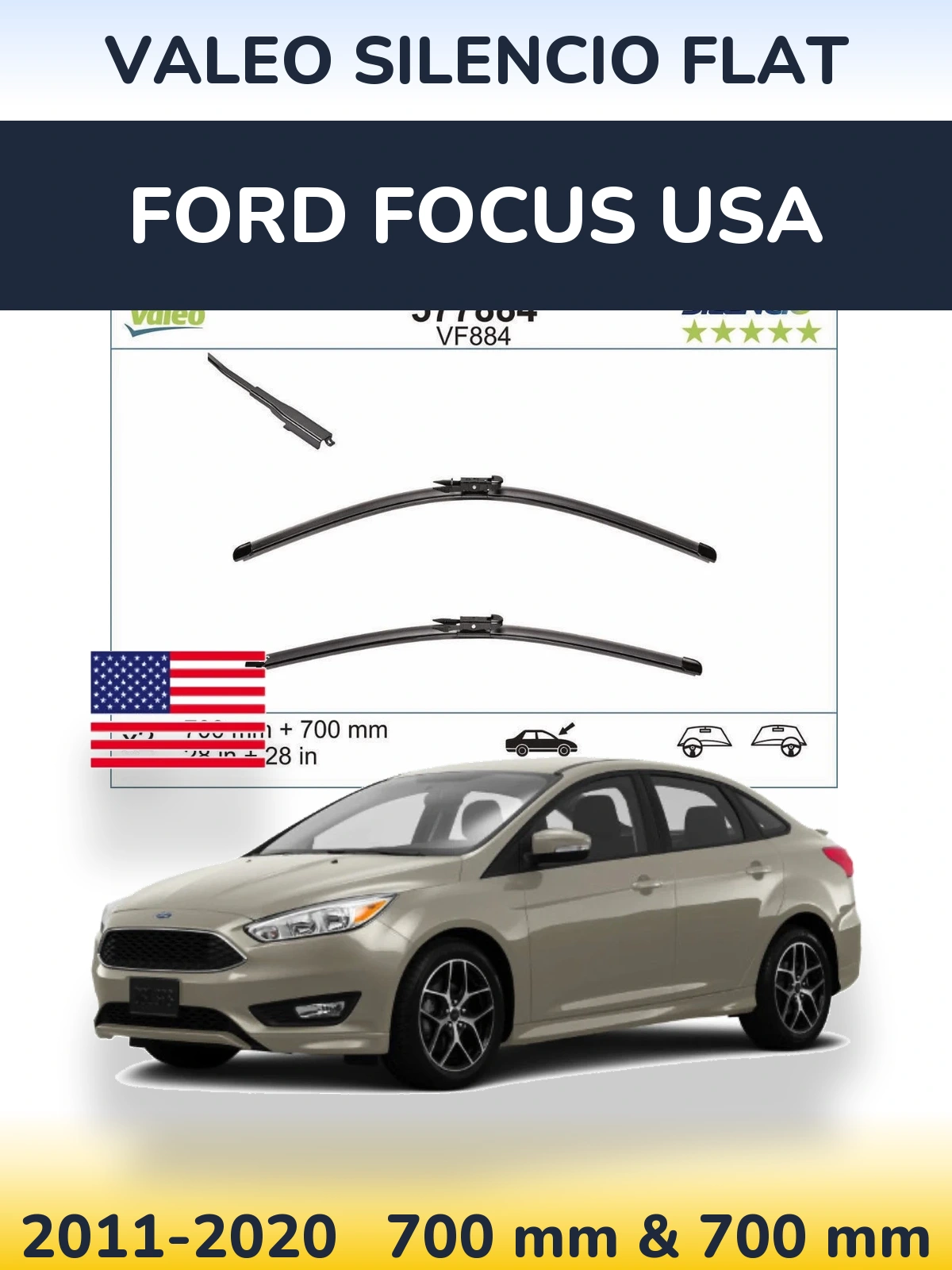 Front wiper blade set Valeo Silencio Flat 700 & 700 mm for Ford Focus USA 2011-2020