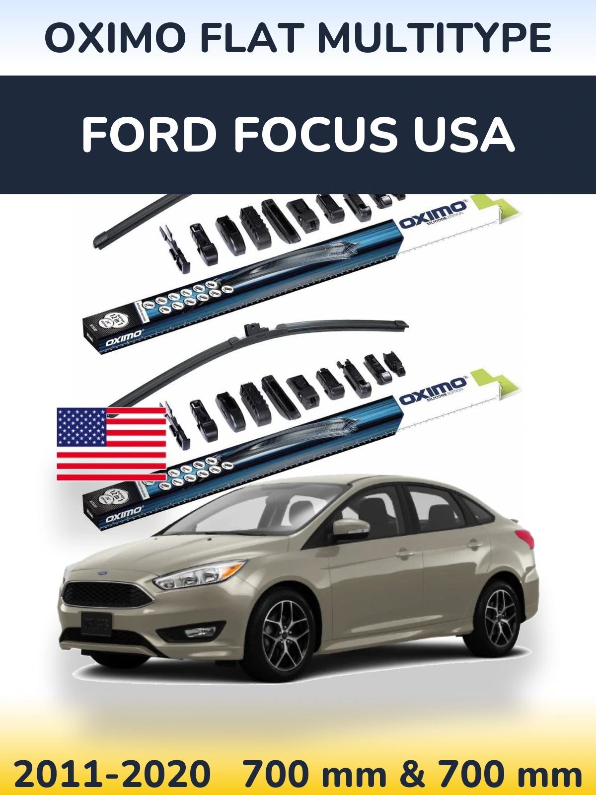Front wiper blade set Oximo Flat MultiTipse 700 & 700 mm for Ford Focus USA 2011-2020