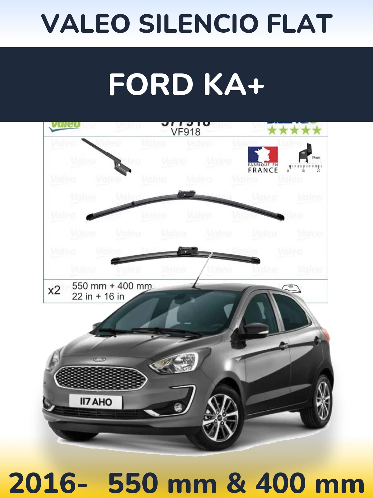 Front wiper blade set Valeo Silencio Flat 550 & 400 mm for Ford Ka+ 2016-2026