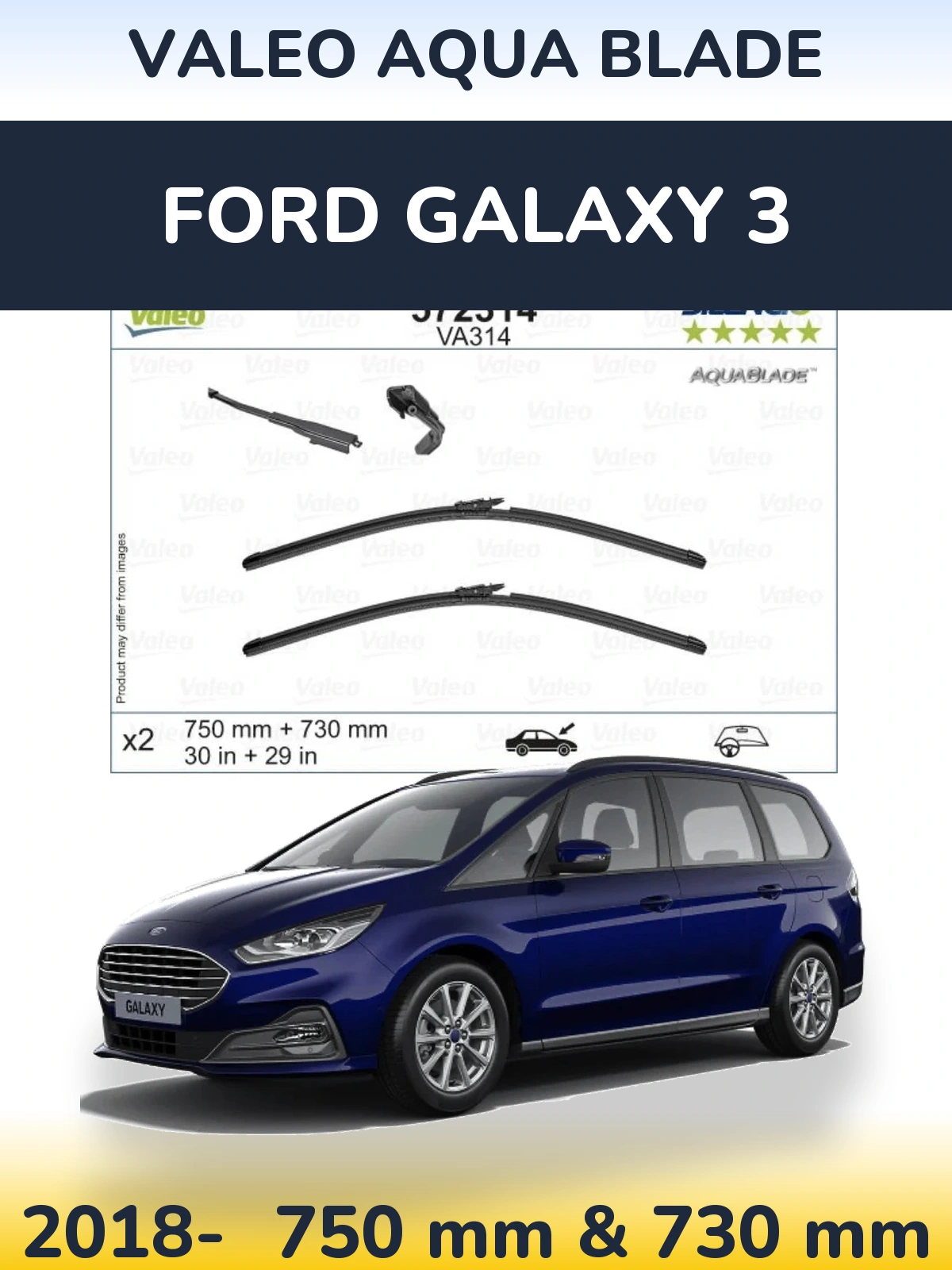 Front wiper blade set Valeo Aqua Blade 750 & 730 mm for Ford Galaxy 3 2018-2026