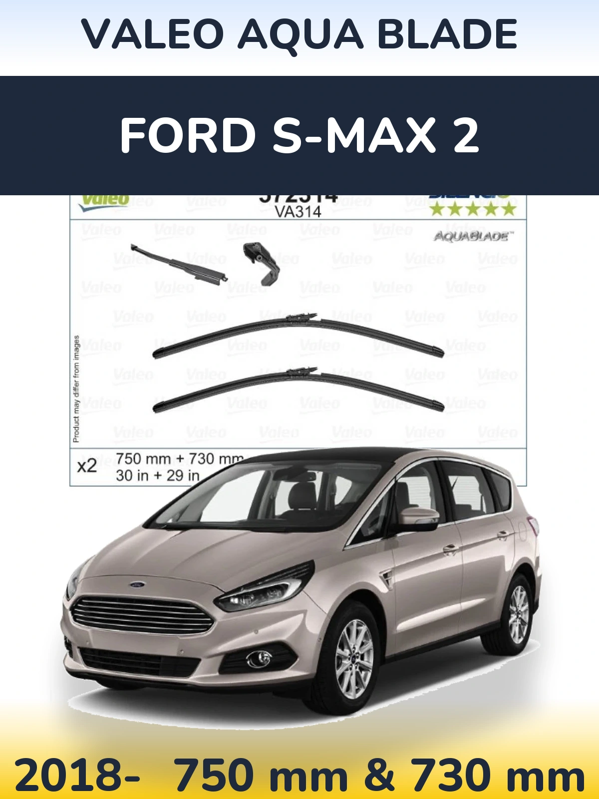 Front wiper blade set Valeo Aqua Blade 750 & 730 mm for Ford S-MAX 2 2018-2026