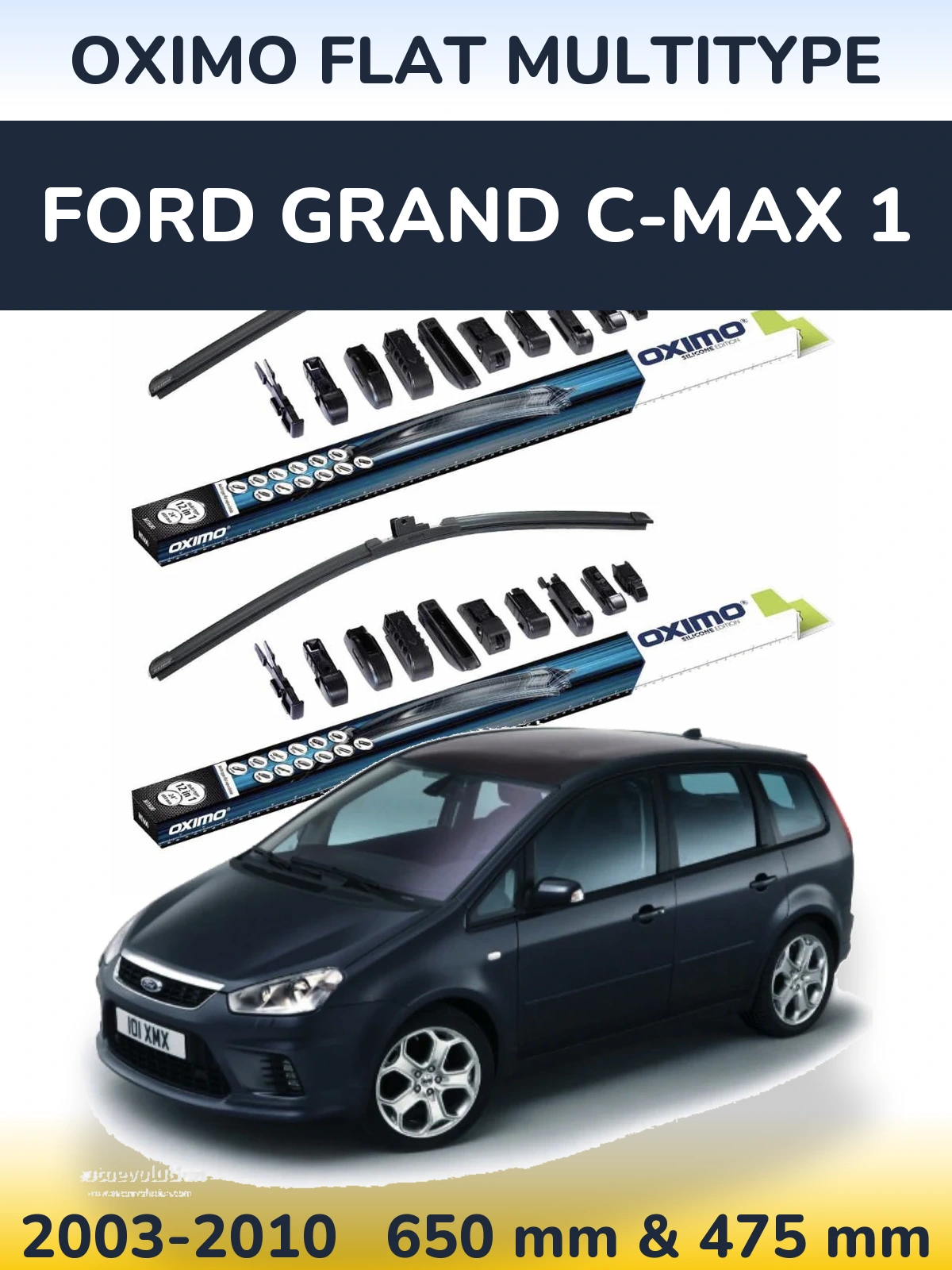 Front wiper blade set Oximo Flat MultiTipse 650 & 475 mm for Ford Grand C-MAX 1 2003-2010
