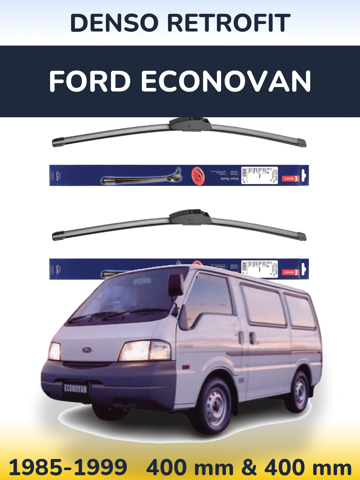 Front wiper blade set Denso Retrofit 400 & 400 mm for Ford Econovan 1985-1999