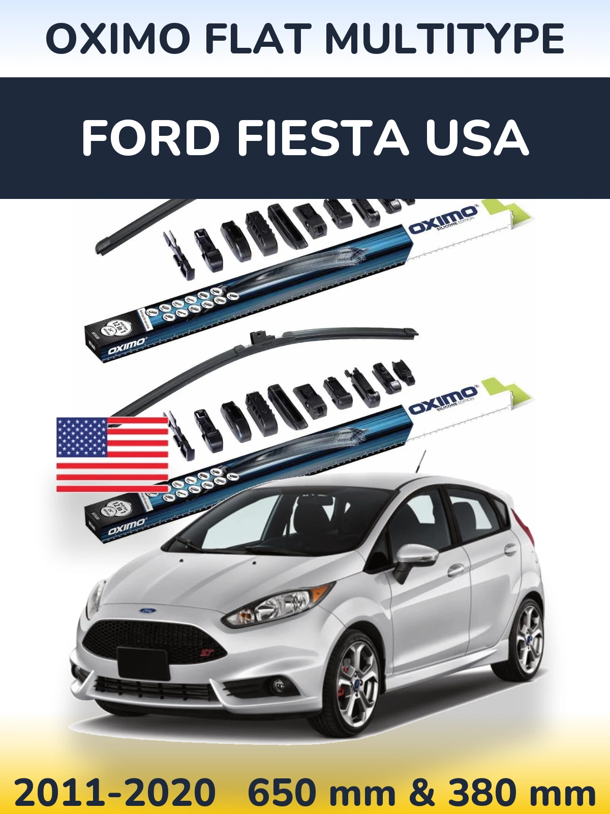 Front wiper blade set Oximo Flat MultiTipse 650 & 380 mm for Ford Fiesta USA 2011-2020