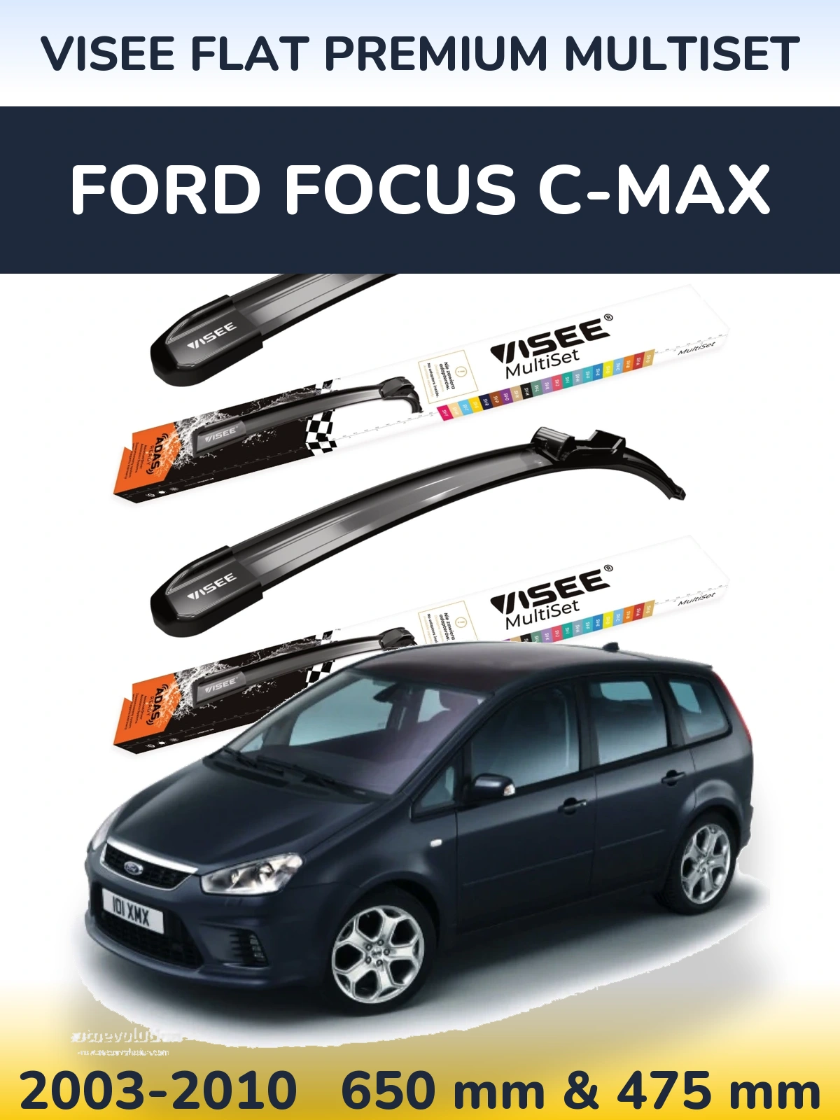 Комплект передних дворников VISEE FLAT PREMIUM MultiSet 650 & 475 мм для Ford Focus C-MAX 2003-2010