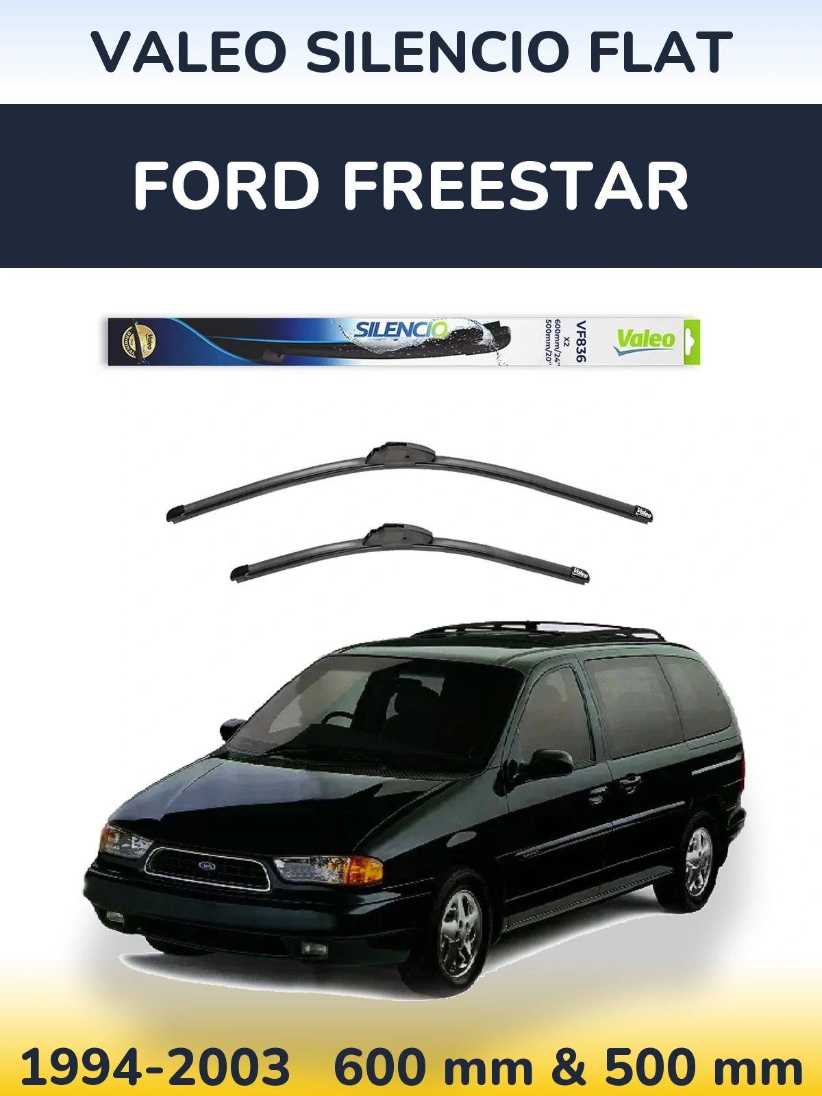 Front wiper blade set Valeo Silencio Flat 600 & 500 mm for Ford Freestar 1994-2003