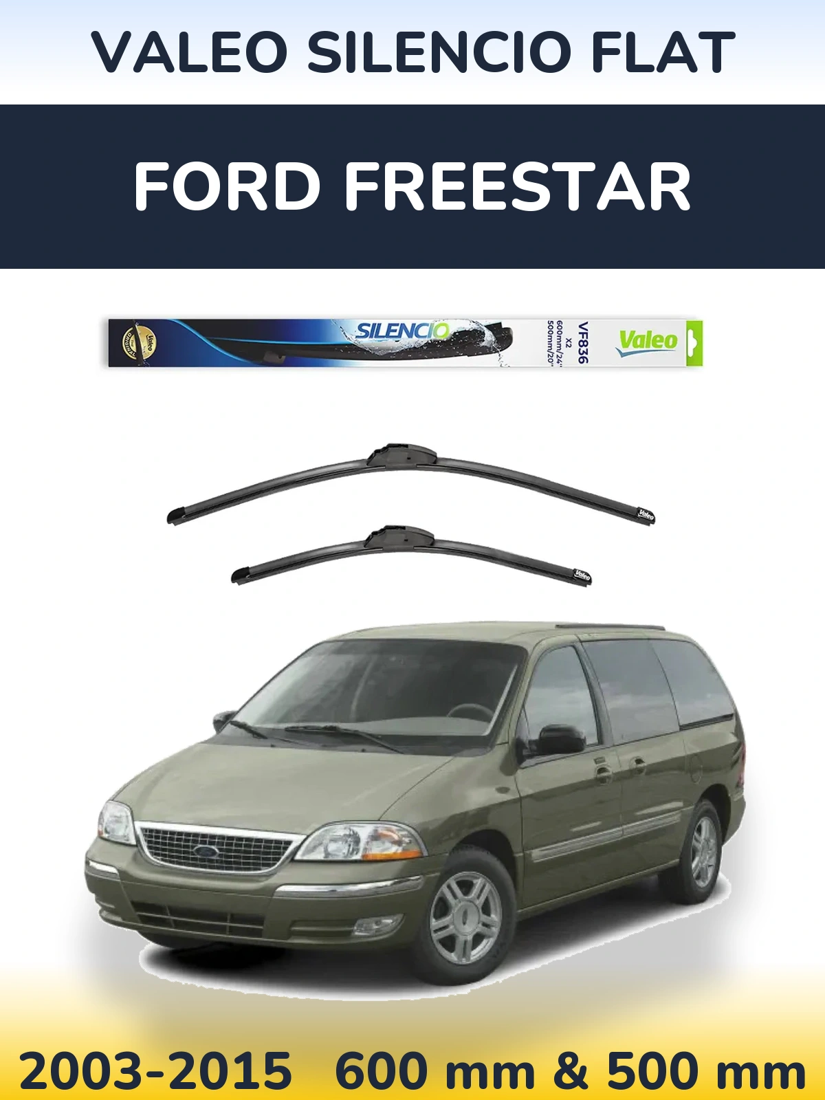 Front wiper blade set Valeo Silencio Flat 600 & 500 mm for Ford Freestar 2003-2015