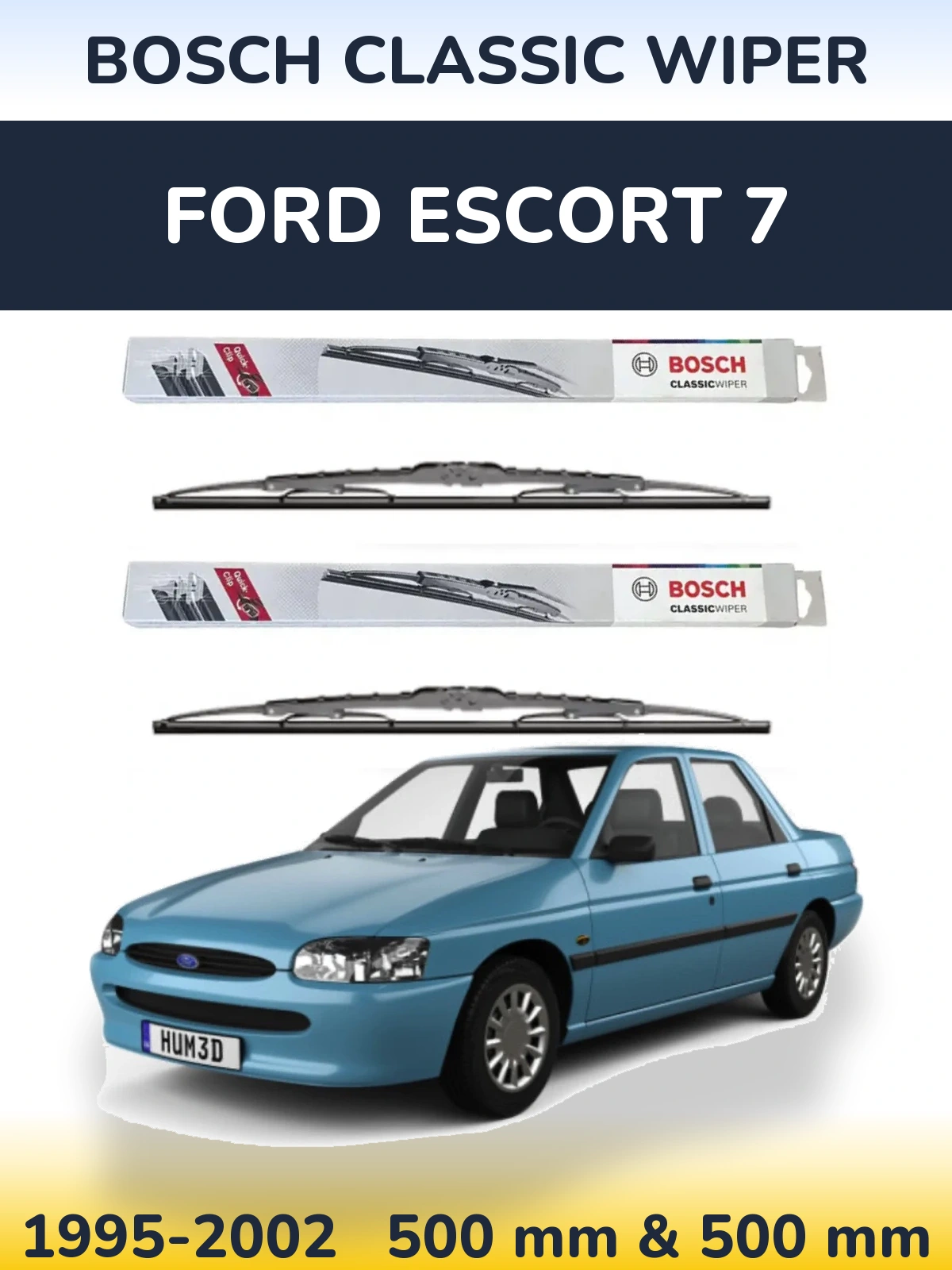 Front wiper blade set BOSCH Classic Wiper 500 & 500 mm for Ford Escort 7 1995-2002
