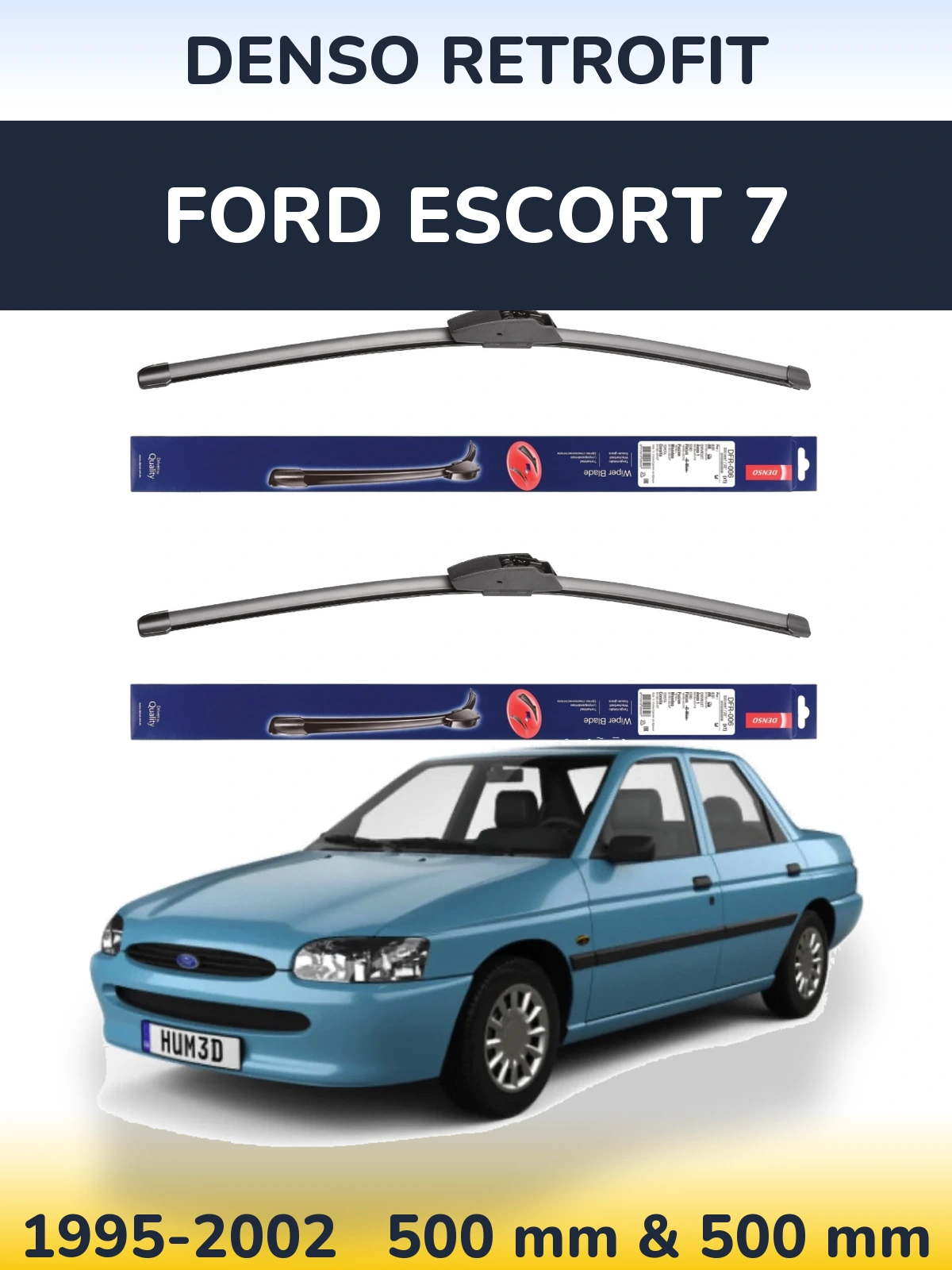 Front wiper blade set Denso Retrofit 500 & 500 mm for Ford Escort 7 1995-2002