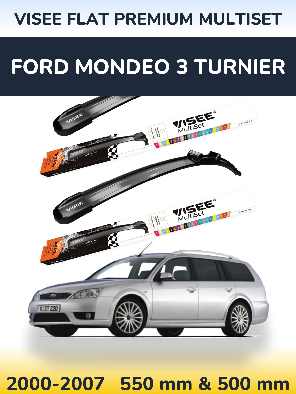 Комплект передніх щіток VISEE FLAT PREMIUM MultiSet 550 & 500 мм для Ford Mondeo 3 Turnier 2000-2007