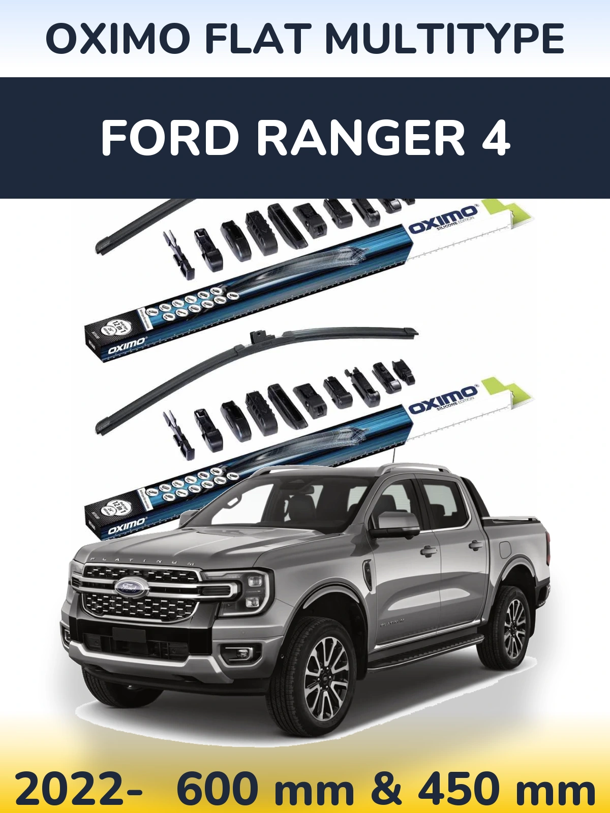 Front wiper blade set Oximo Flat MultiTipse 600 & 450 mm for Ford Ranger 4 2022-2026