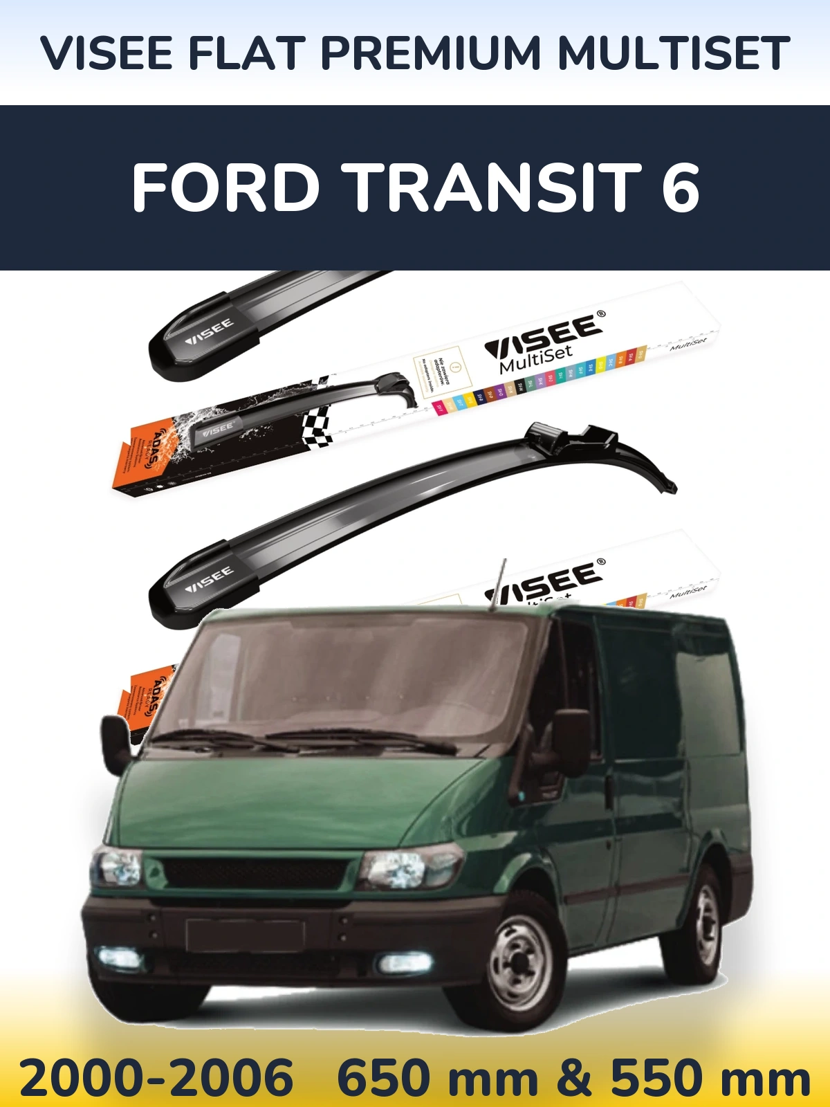 Front wiper blade set VISEE FLAT PREMIUM MultiSet 650 & 550 mm for Ford Transit 6 2000-2006