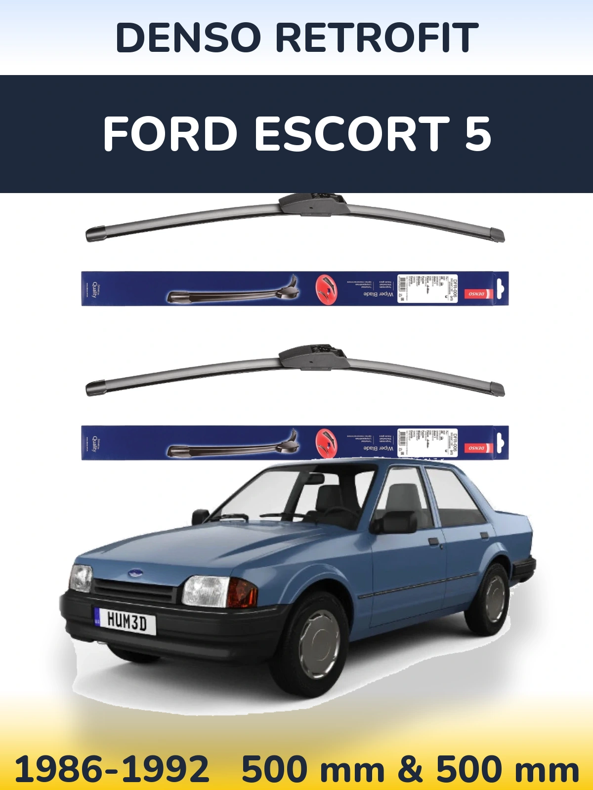 Front wiper blade set Denso Retrofit 500 & 500 mm for Ford Escort 5 1986-1992