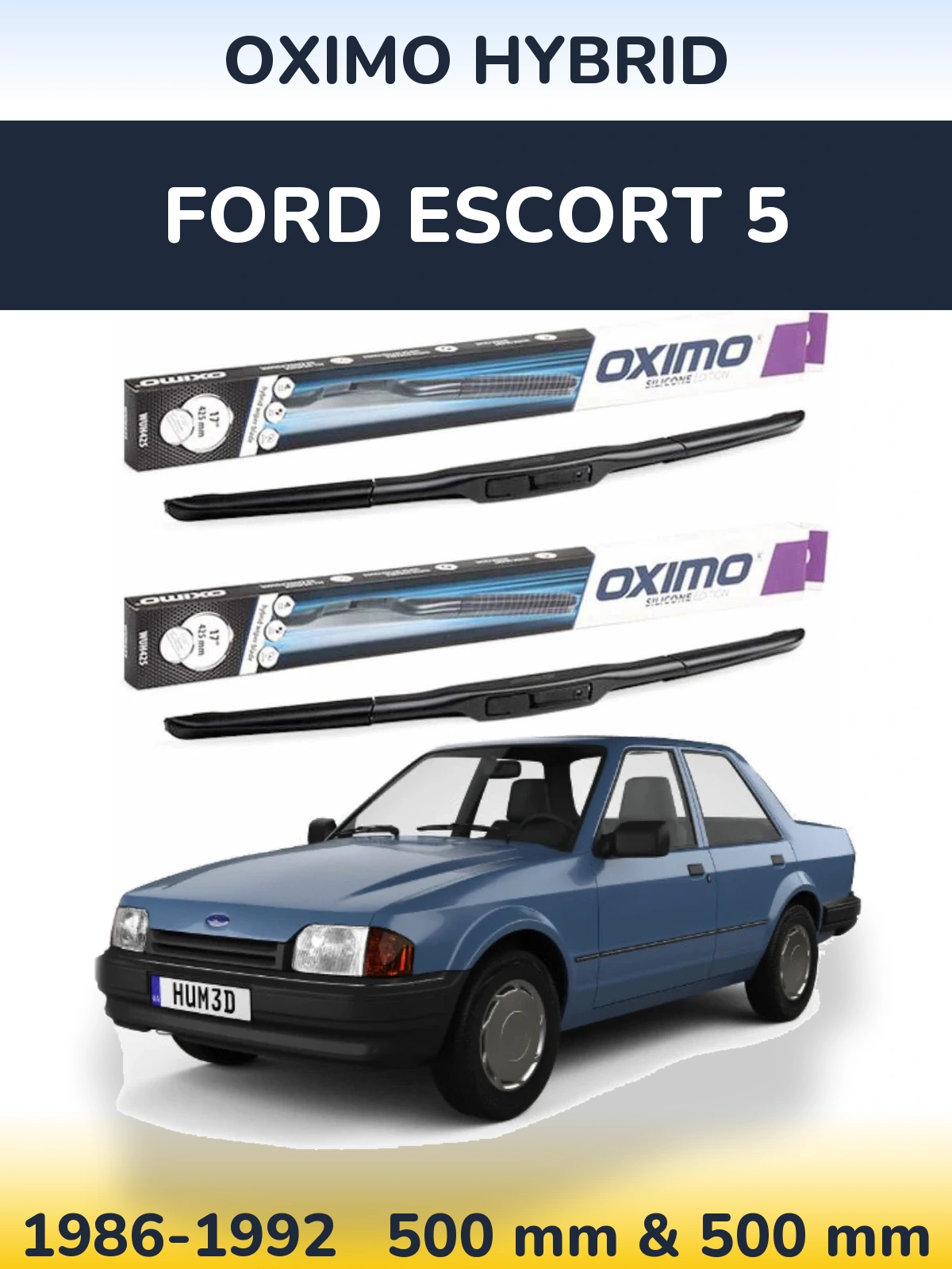 Front wiper blade set Oximo Hybrid 500 & 500 mm for Ford Escort 5 1986-1992