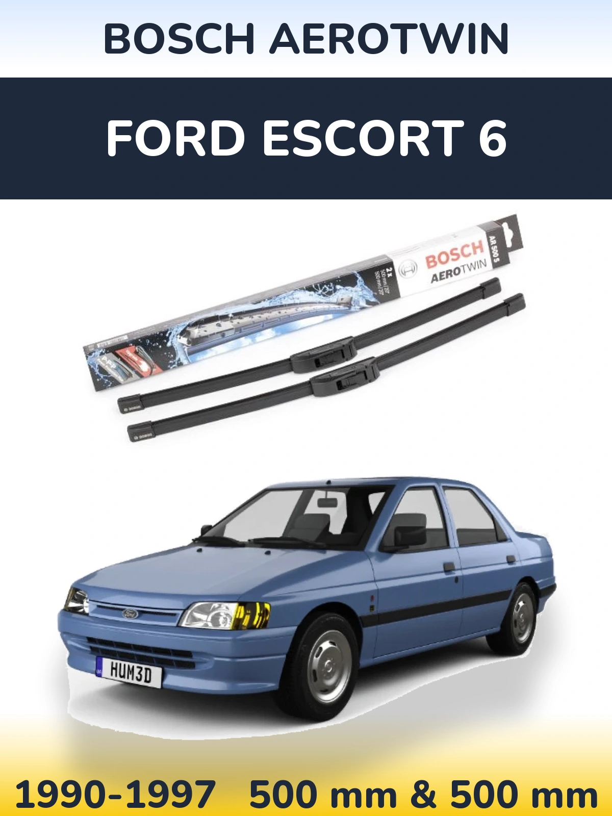 Front wiper blade set BOSCH AeroTwin 500 & 500 mm for Ford Escort 6 1990-1997
