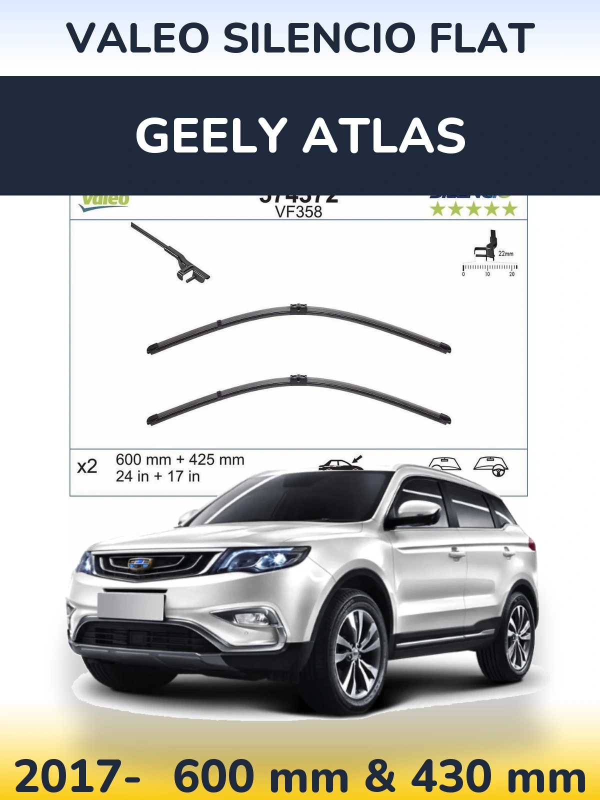 Front wiper blade set Valeo Silencio Flat 600 & 430 mm for Geely Atlas 2017-2026