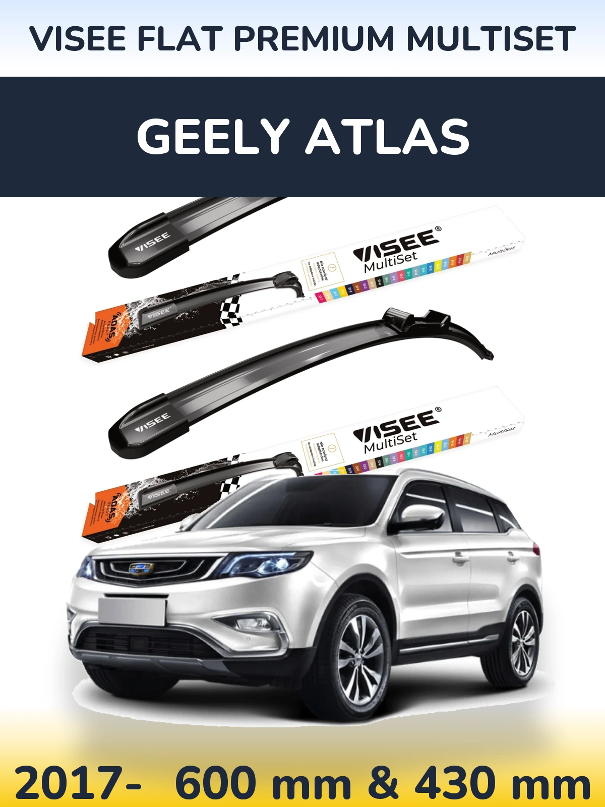 Front wiper blade set VISEE FLAT PREMIUM MultiSet 600 & 430 mm for Geely Atlas 2017-2026