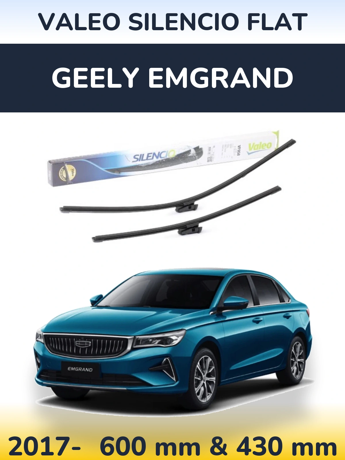 Front wiper blade set Valeo Silencio Flat 600 & 430 mm for Geely Emgrand 2017-2026