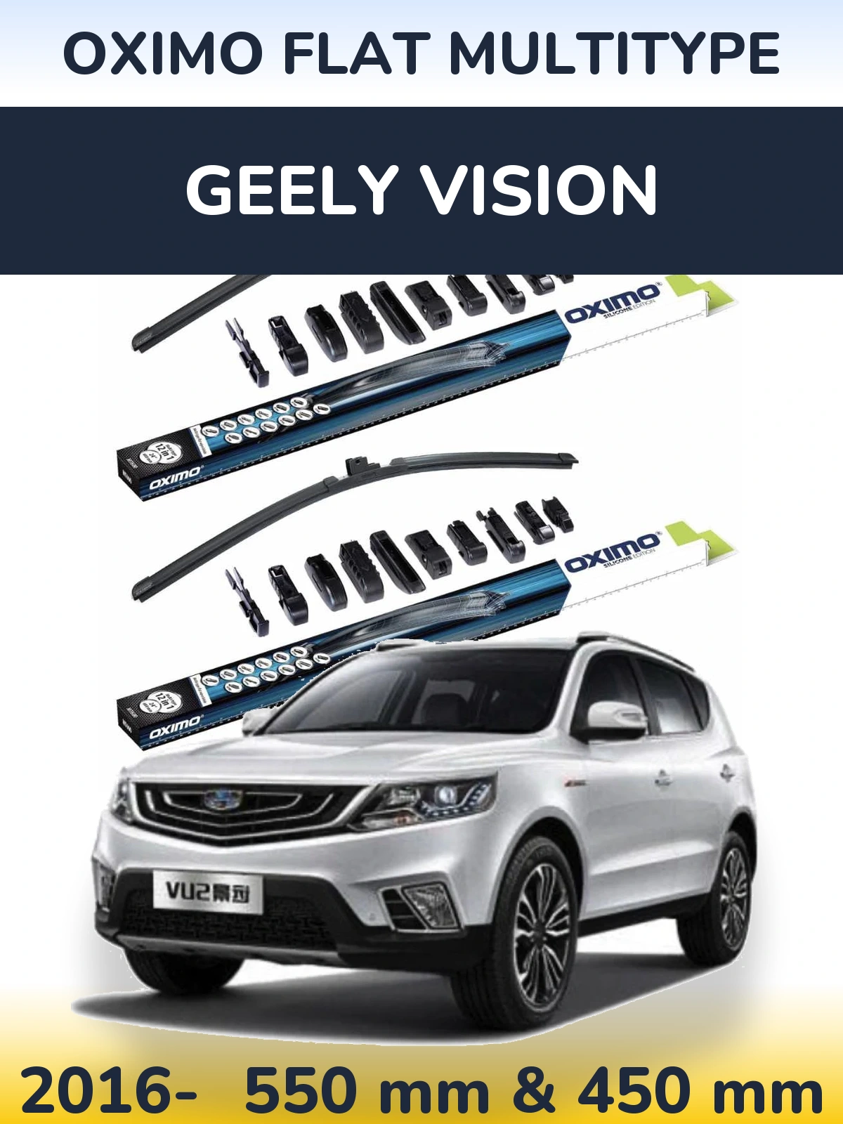 Front wiper blade set Oximo Flat MultiTipse 550 & 450 mm for Geely Vision 2016-2026