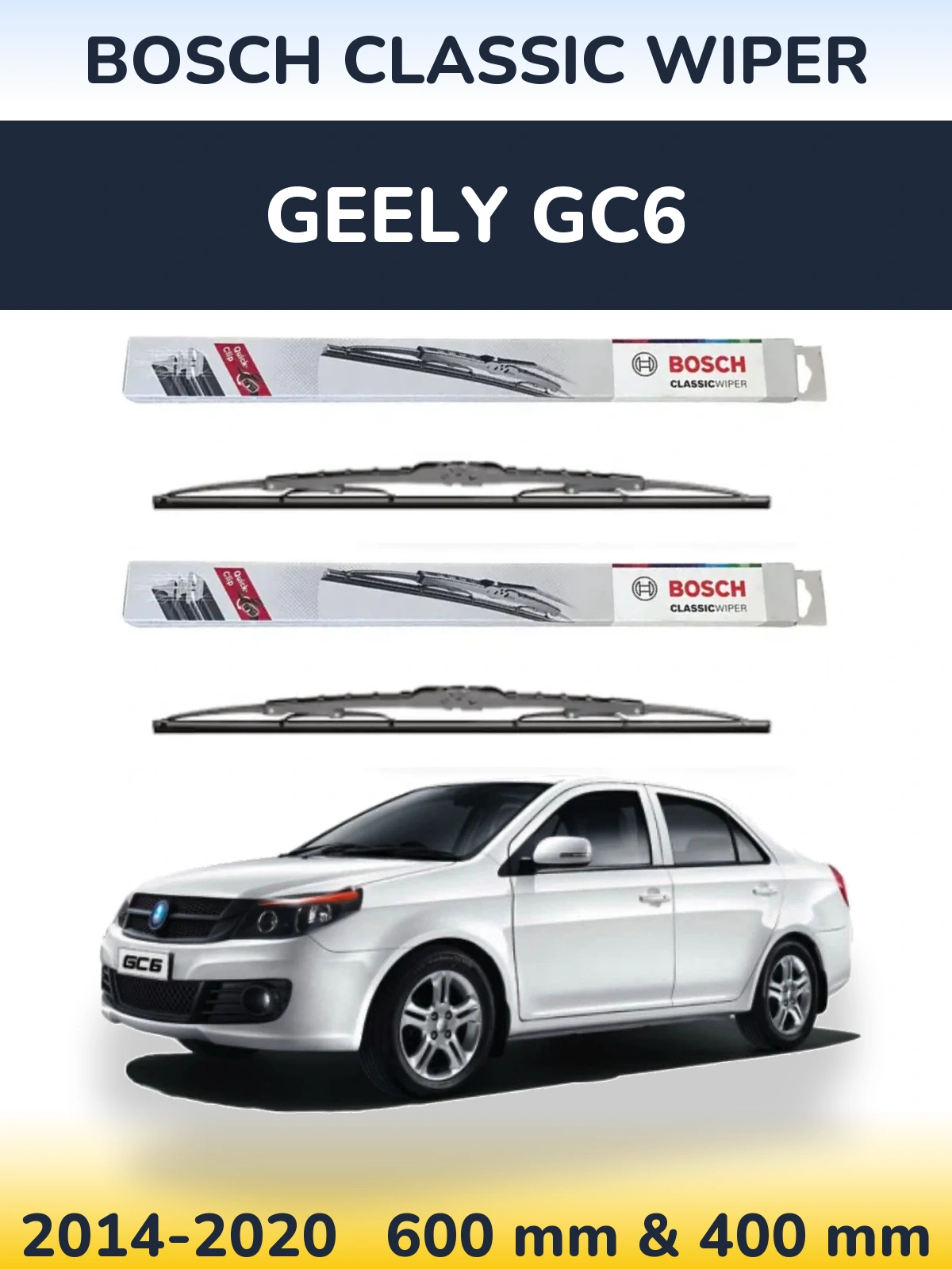Front wiper blade set BOSCH Classic Wiper 600 & 400 mm for Geely GC6 2014-2020