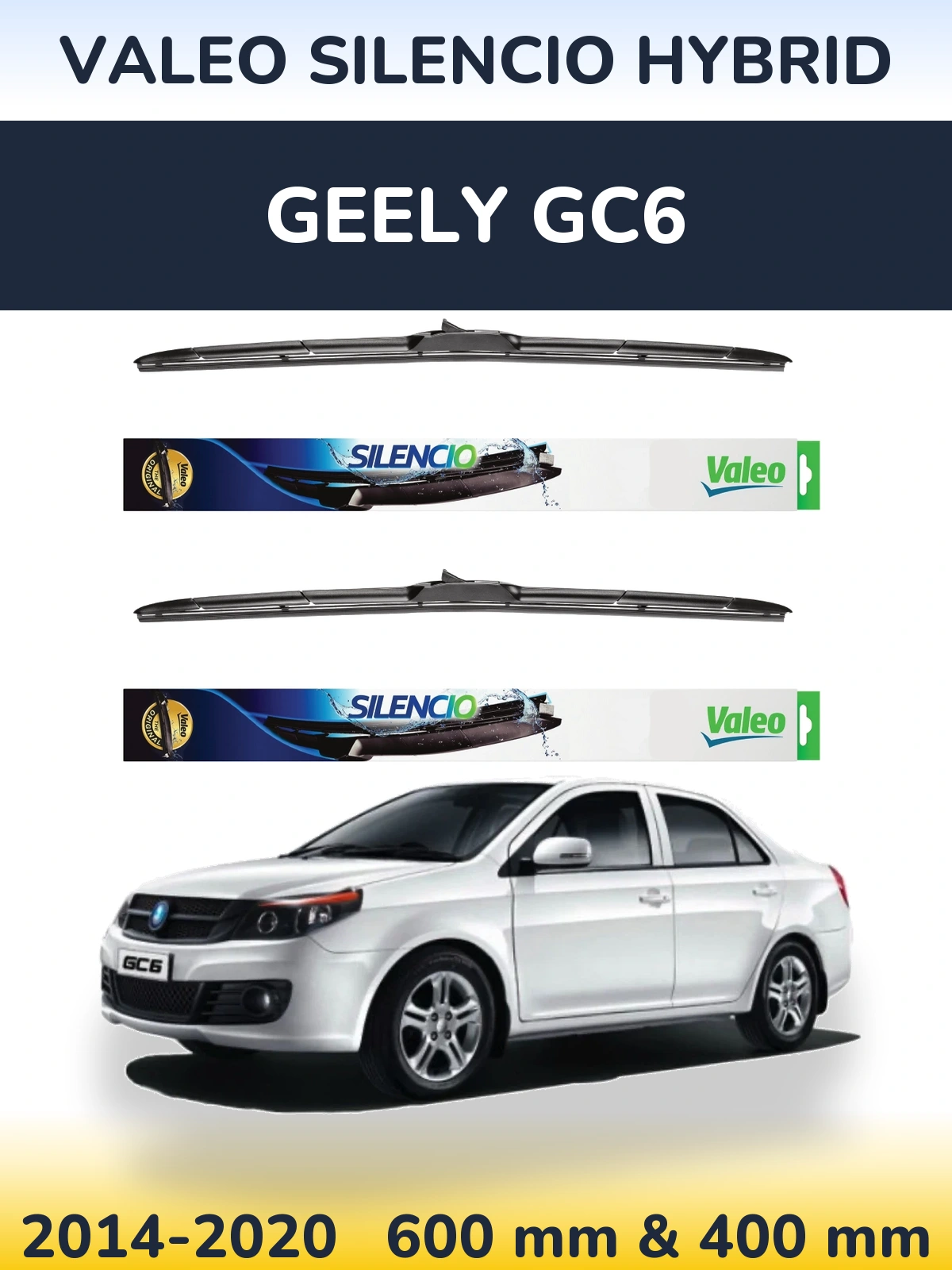 Front wiper blade set Valeo Silencio Hybrid 600 & 400 mm for Geely GC6 2014-2020