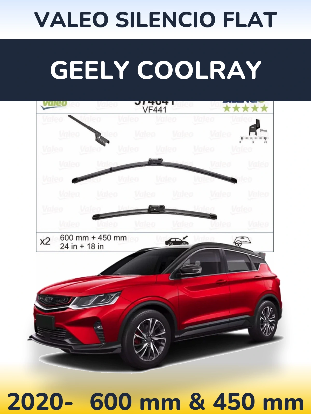 Front wiper blade set Valeo Silencio Flat 600 & 450 mm for Geely Coolray 2020-2026