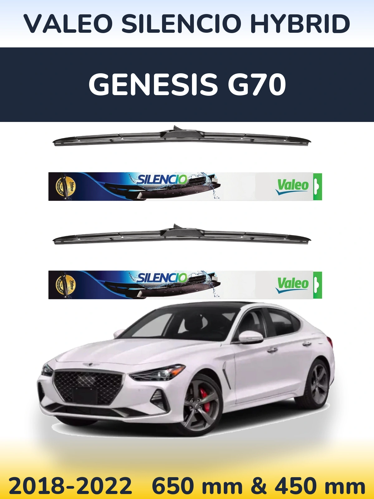 Front wiper blade set Valeo Silencio Hybrid 650 & 450 mm for Genesis G70 2018-2022