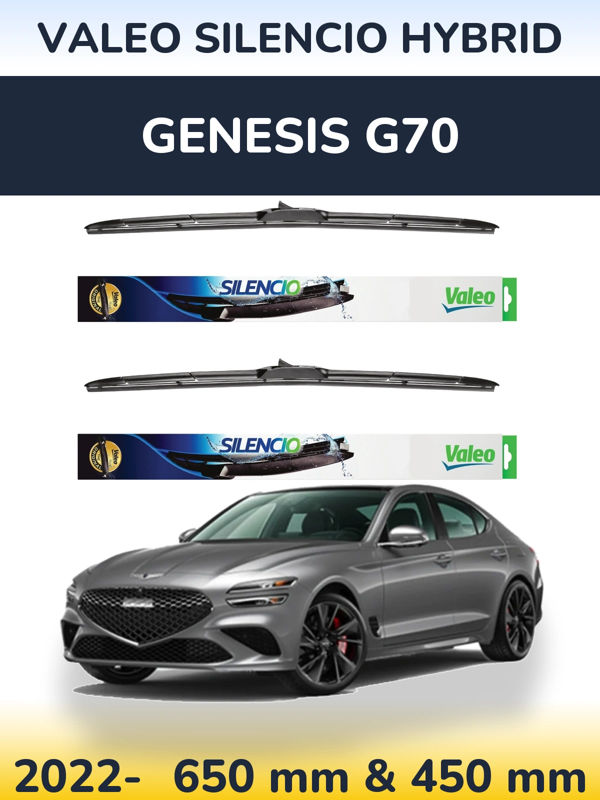Front wiper blade set Valeo Silencio Hybrid 650 & 450 mm for Genesis G70 2022-2026