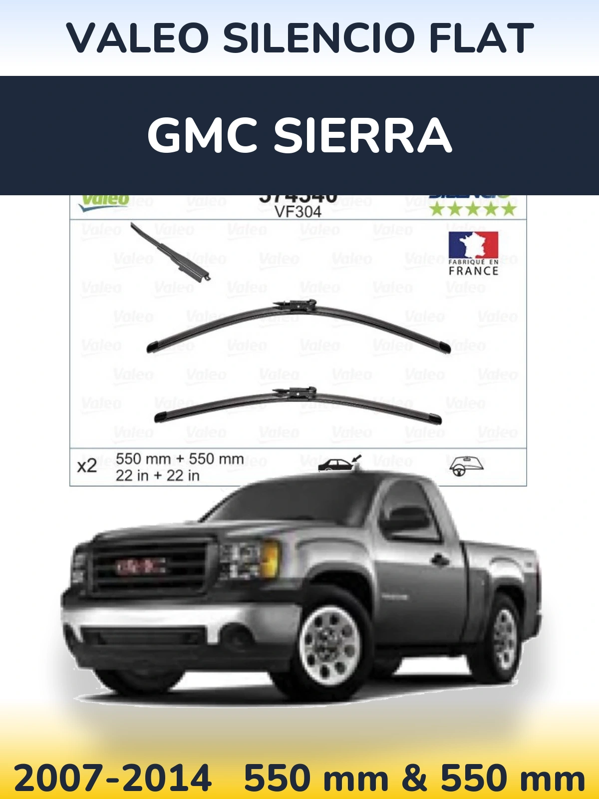 Front wiper blade set Valeo Silencio Flat 550 & 550 mm for GMC Sierra 2007-2014