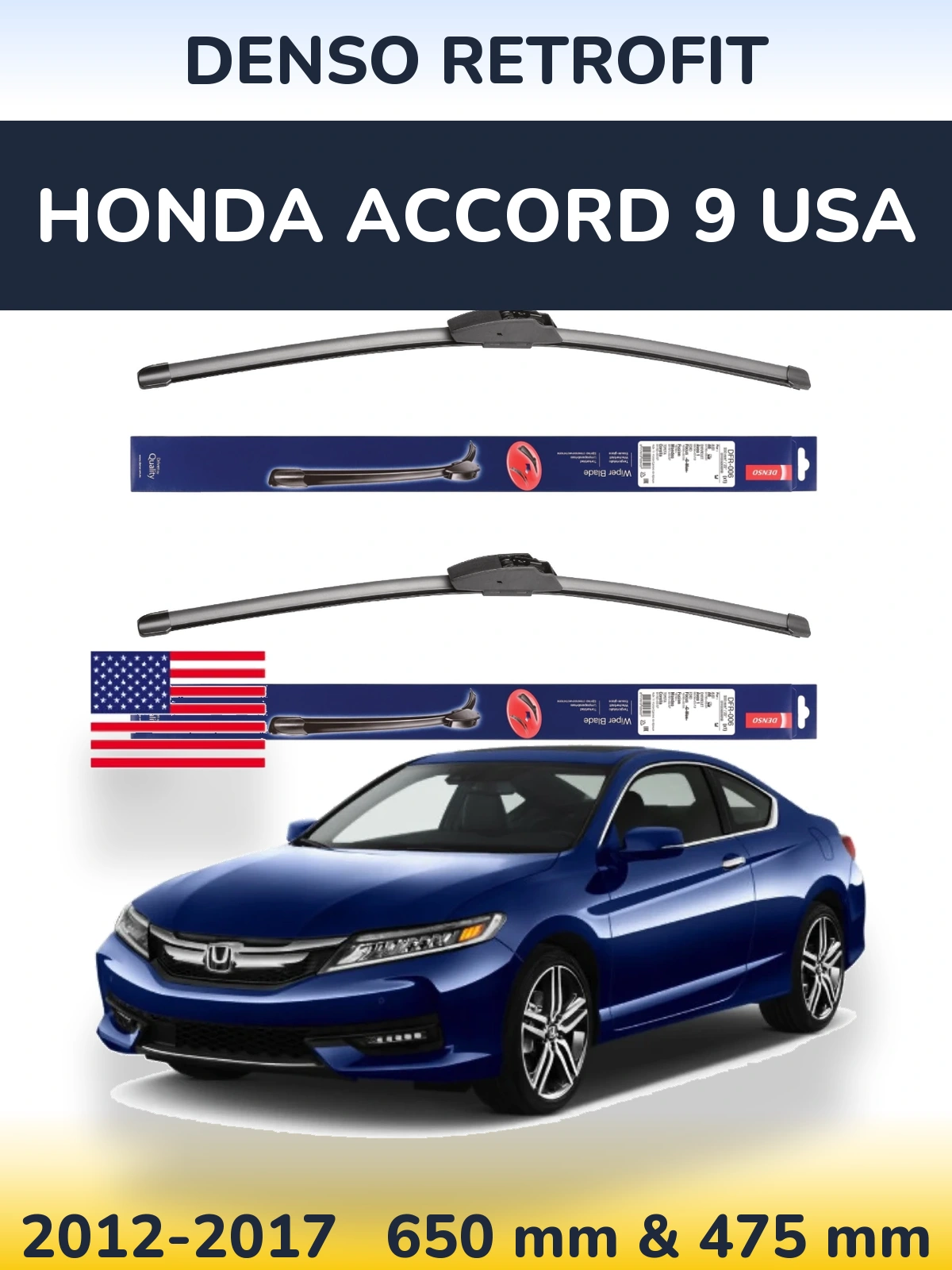 Front wiper blade set Denso Retrofit 650 & 475 mm for Honda Accord 9 USA 2012-2017