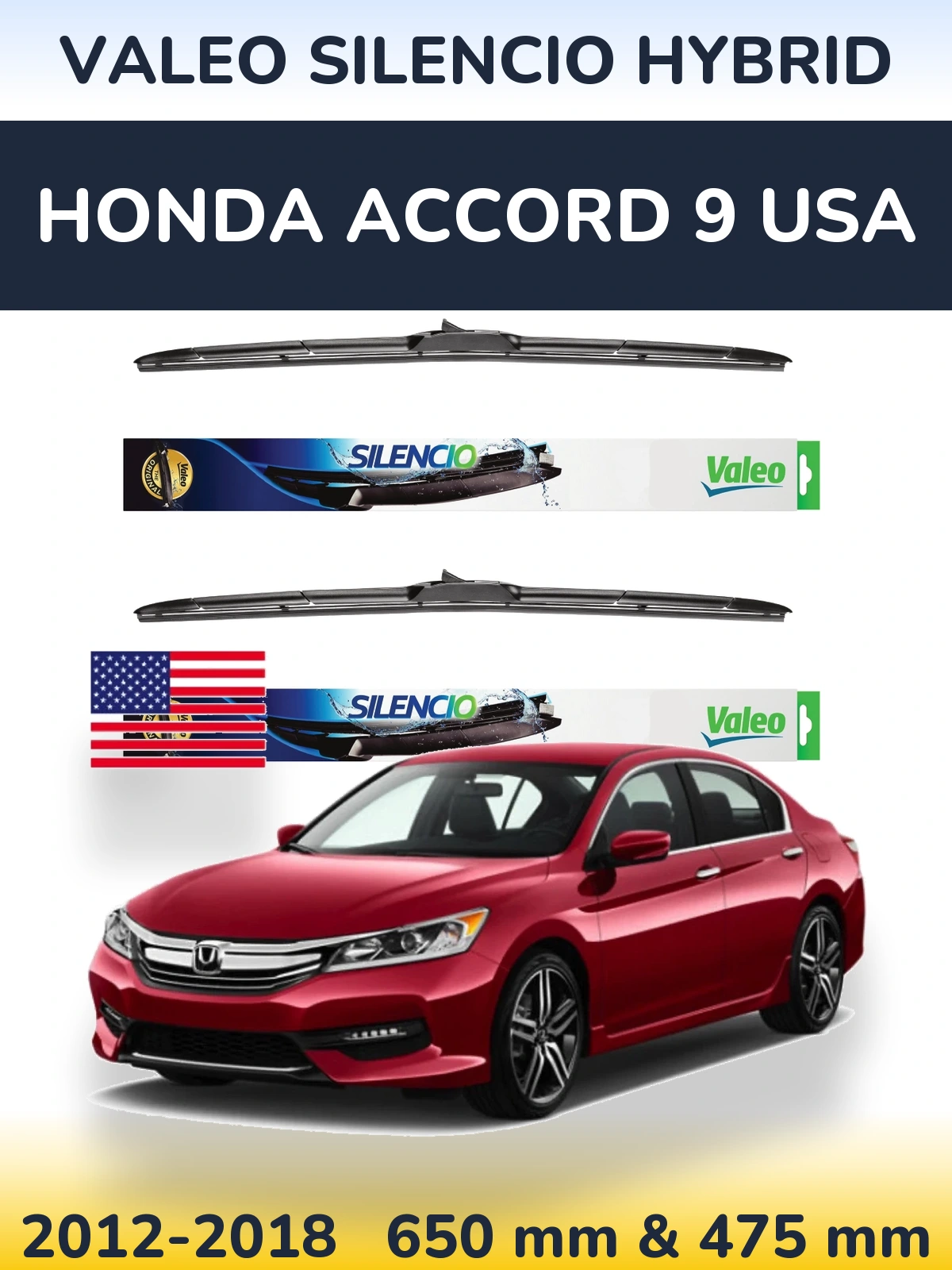 Комплект передних дворников Valeo Silencio Hybrid 650 & 475 мм для Honda Accord 9 USA 2012-2018